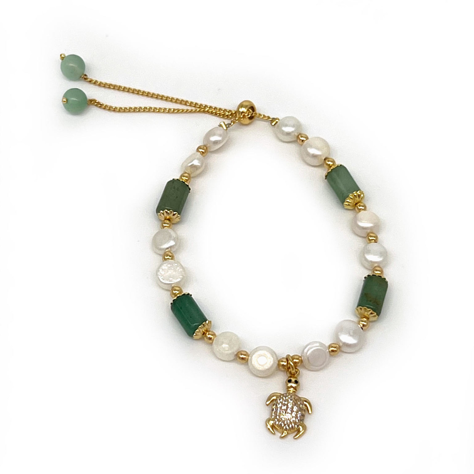 Copper, Jade & Pearl Adjustable Bracelet J8 CZ Turtle Charm