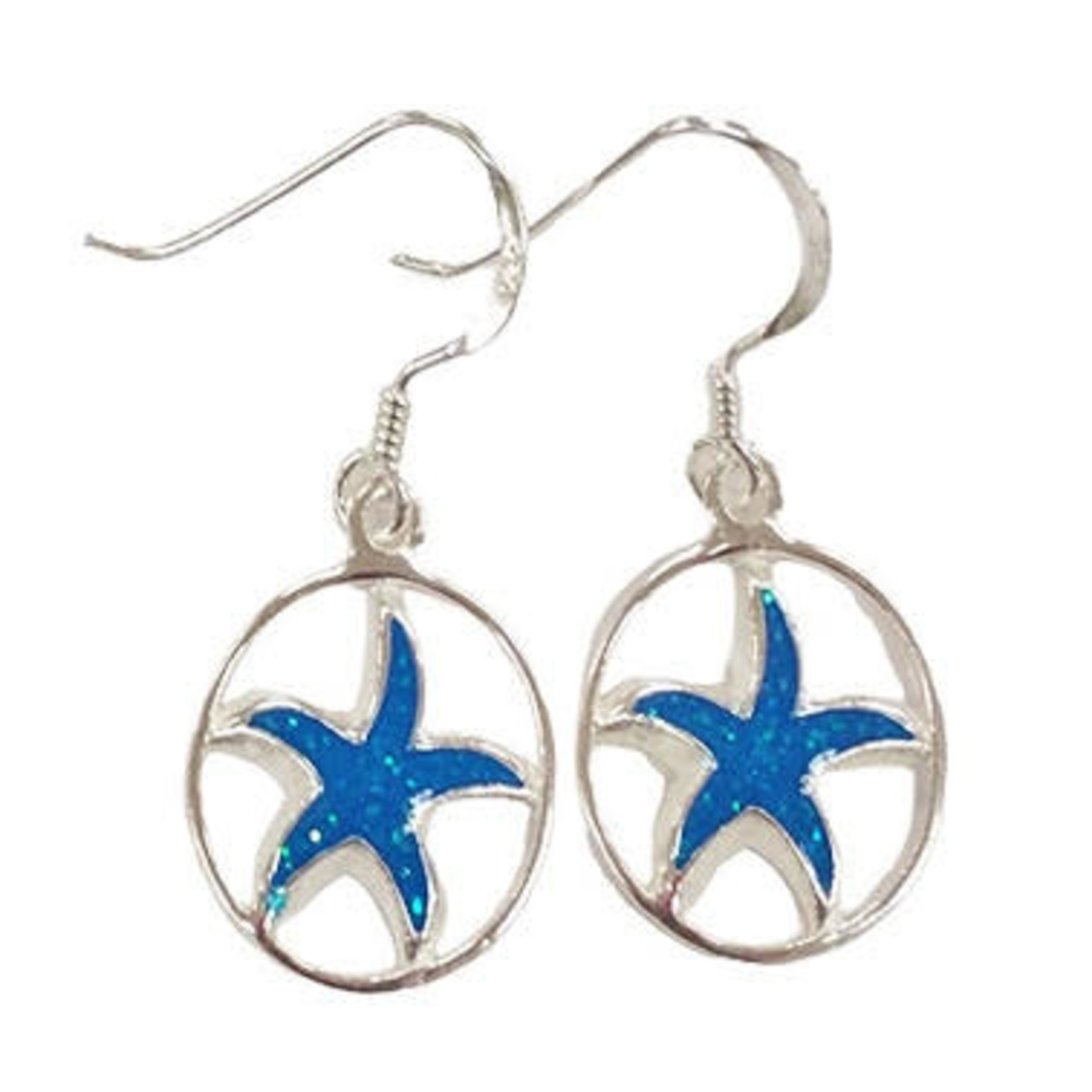 SE336 Sterling Silver Blue Sparkle Enamel Starfish Dangle Earrings