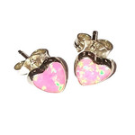 SE242 Sterling Silver Synthetic Pink Opal Heart Stud Earrings