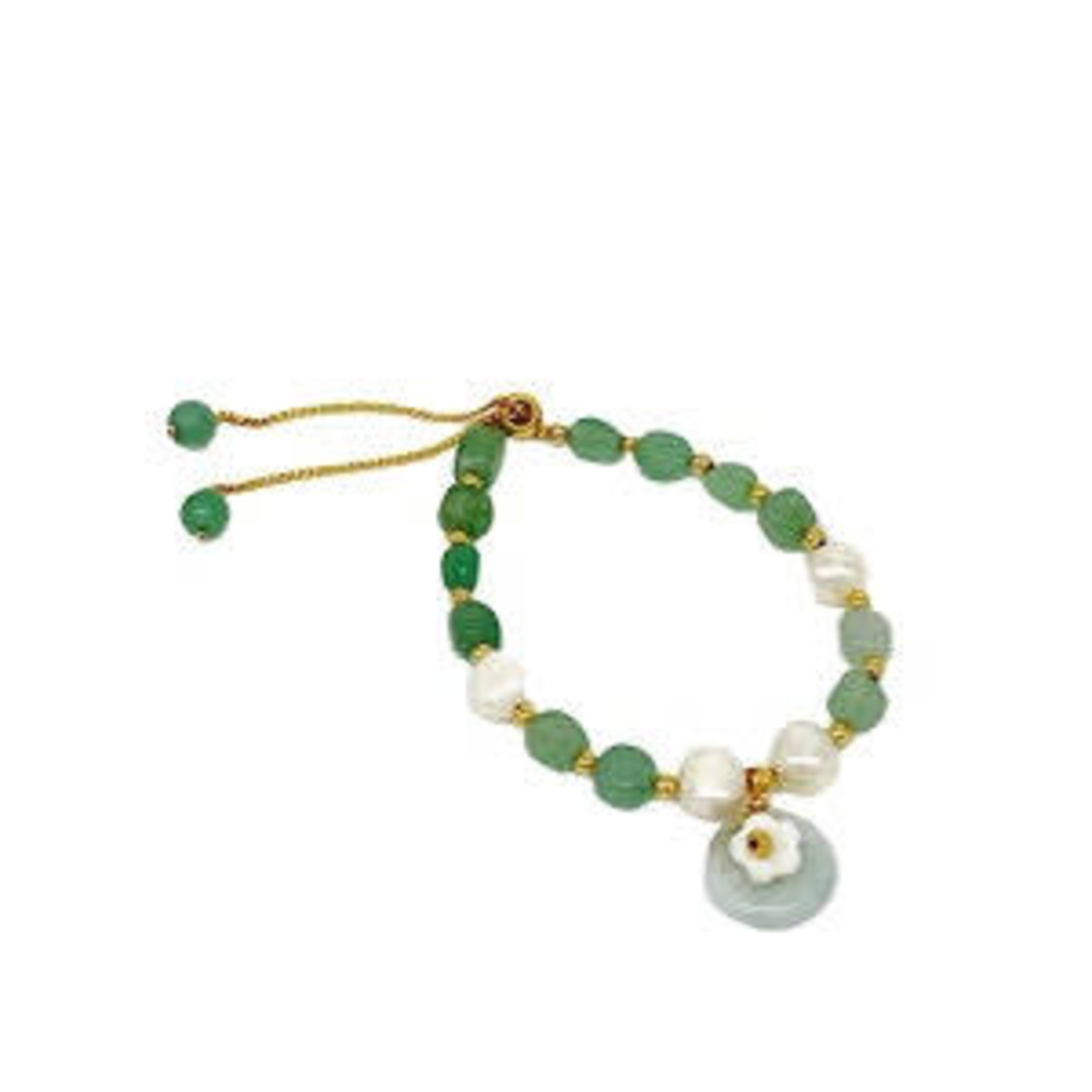 Copper, Jade & Pearl Adjustable Bracelet with Charm Flower