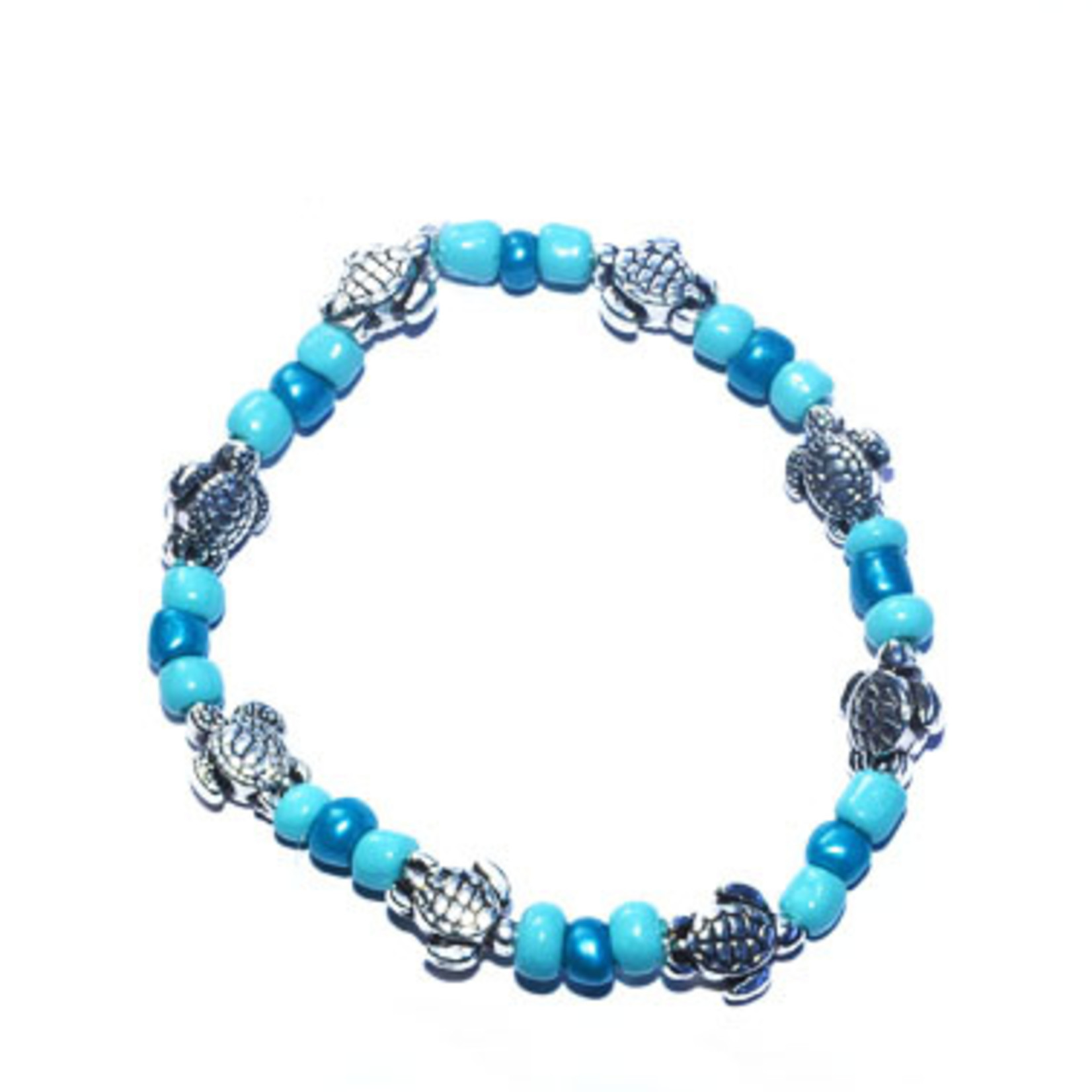 Pack of 5 Beaded Stretch Bracelets with Silver Turtle Beads for Kids Blue Green
