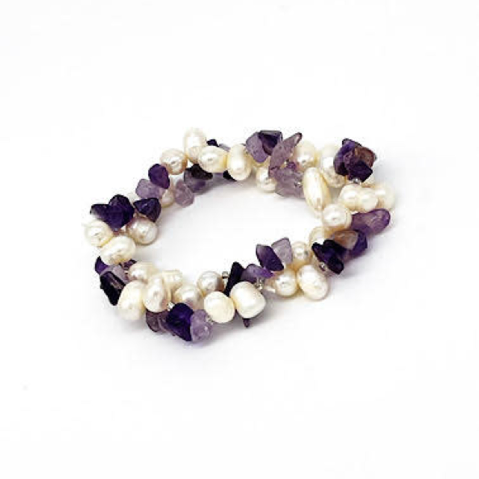 Pearl and Gemstone Chip Stretch Bracelet Amethyst/White Pearl