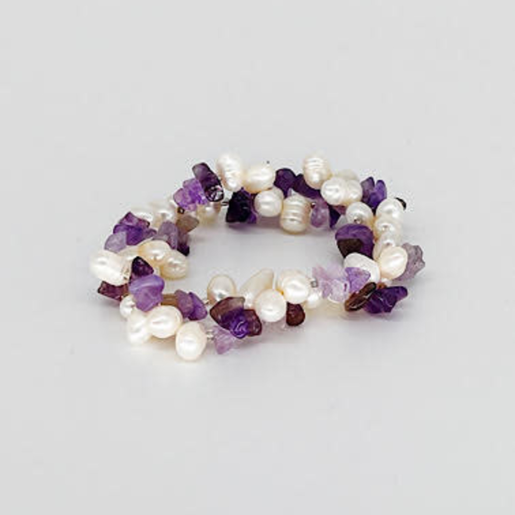 Pearl and Gemstone Chip Stretch Bracelet Amethyst/White Pearl
