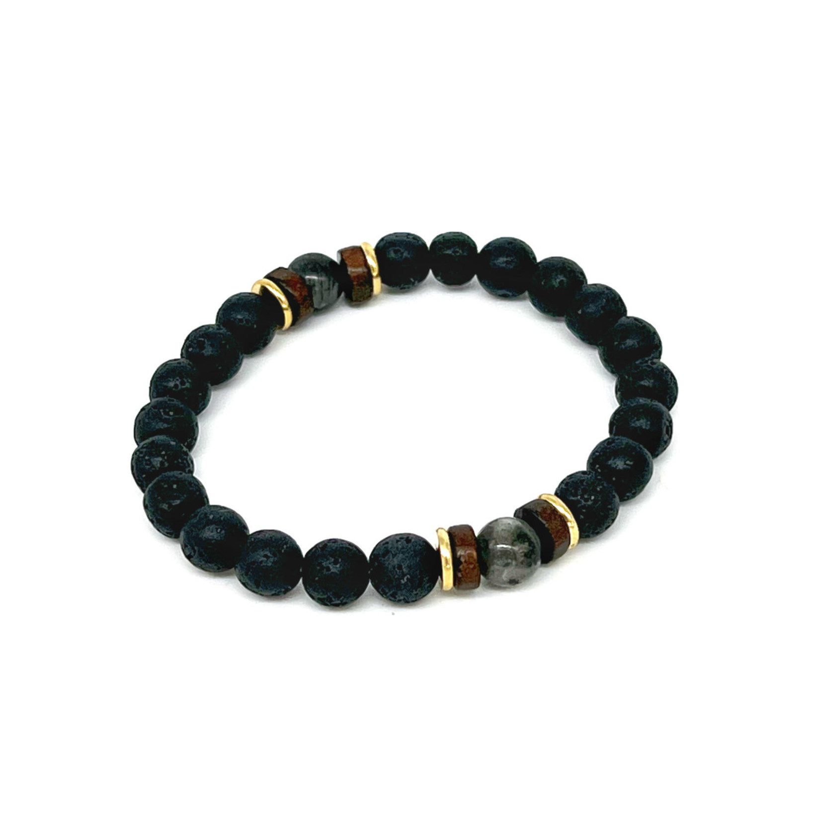 8mm Lava, Gemstone and Wood Bead Stretch Bracelet Shining Stone with Gold