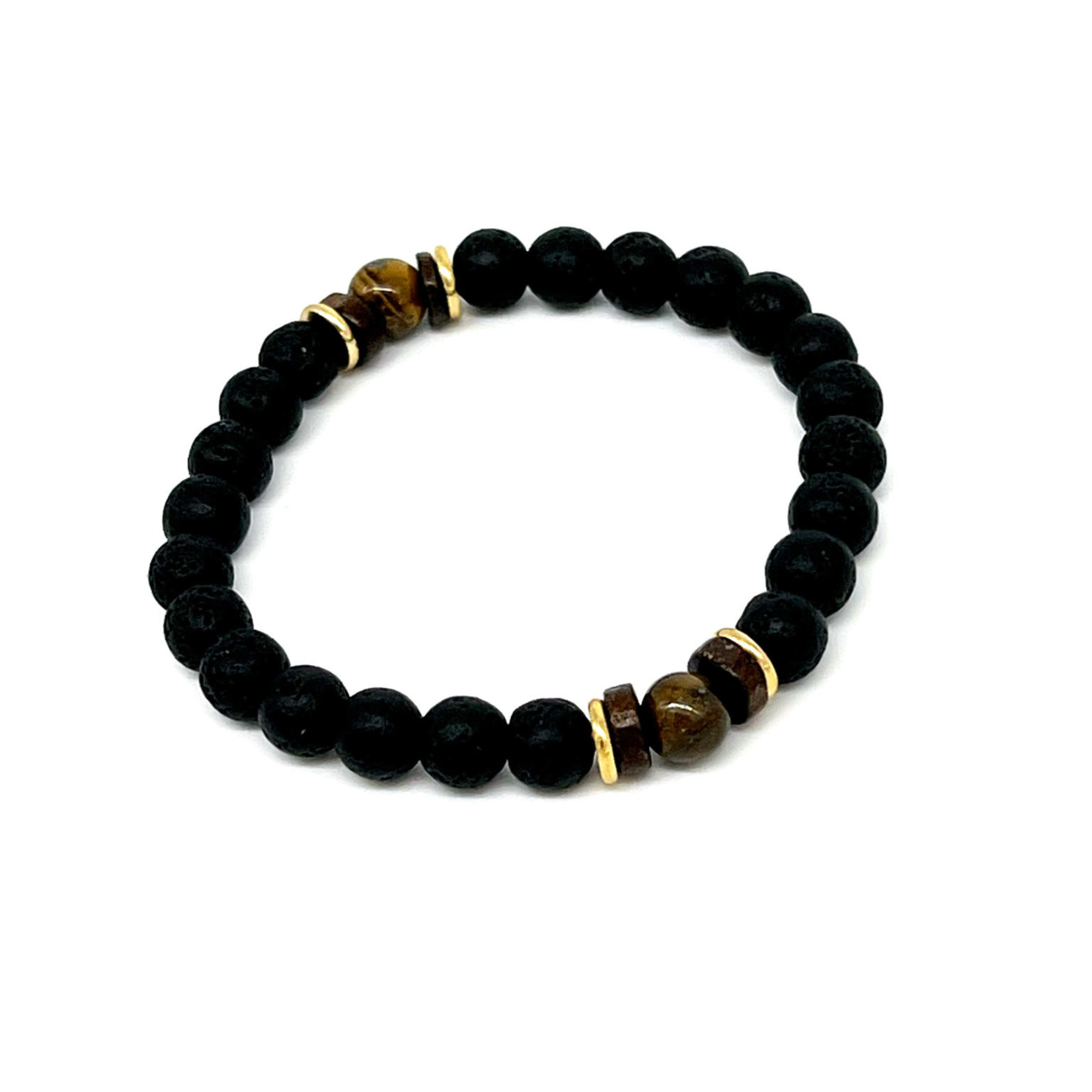 8mm Lava, Gemstone and Wood Bead Stretch Bracelet Tiger Eye with Gold