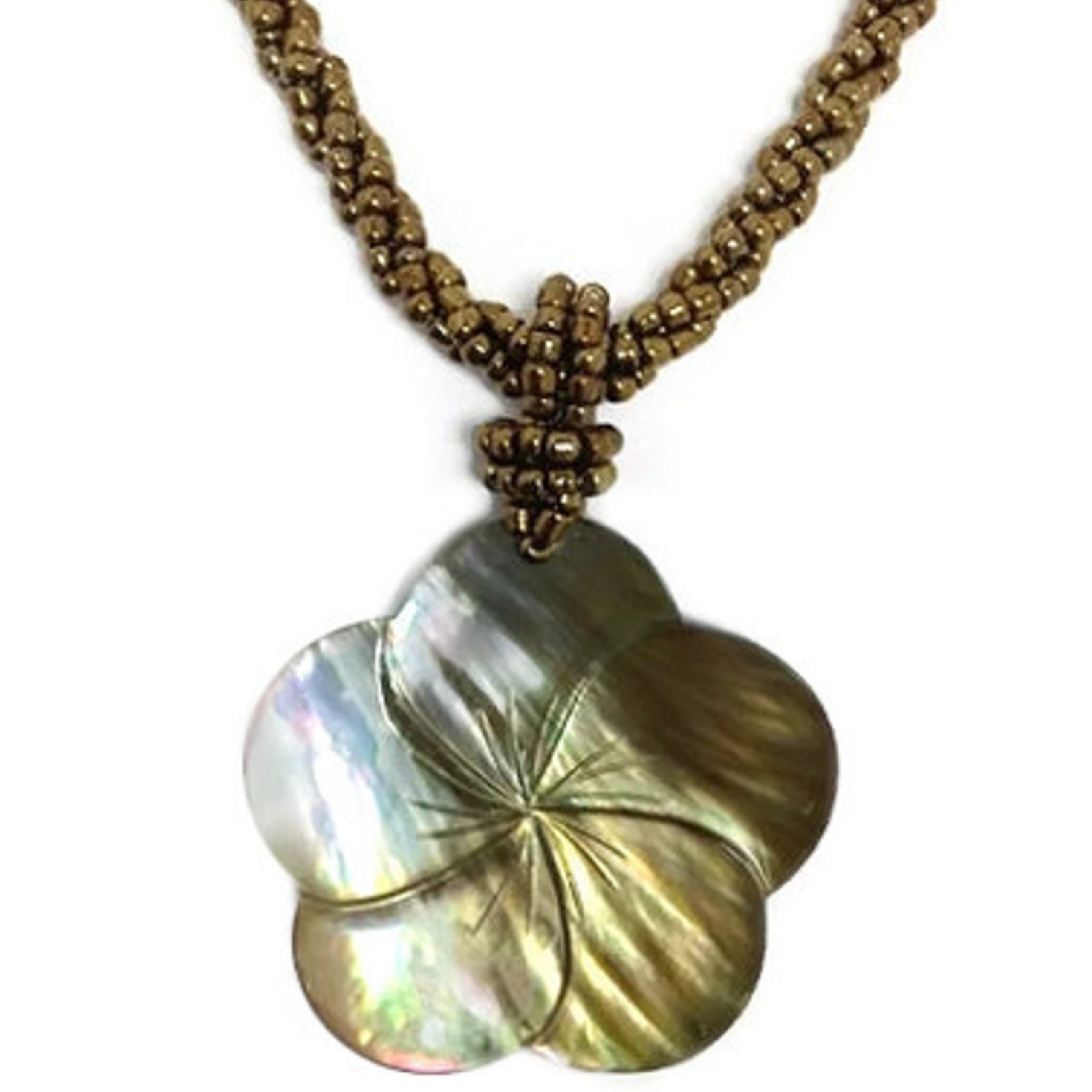 Shell Necklace Carved Gold Plumeria with Gold Beads - NB14