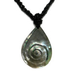 Shell Necklace Carved Teardrop Swirl Design with Black Beads - NB2