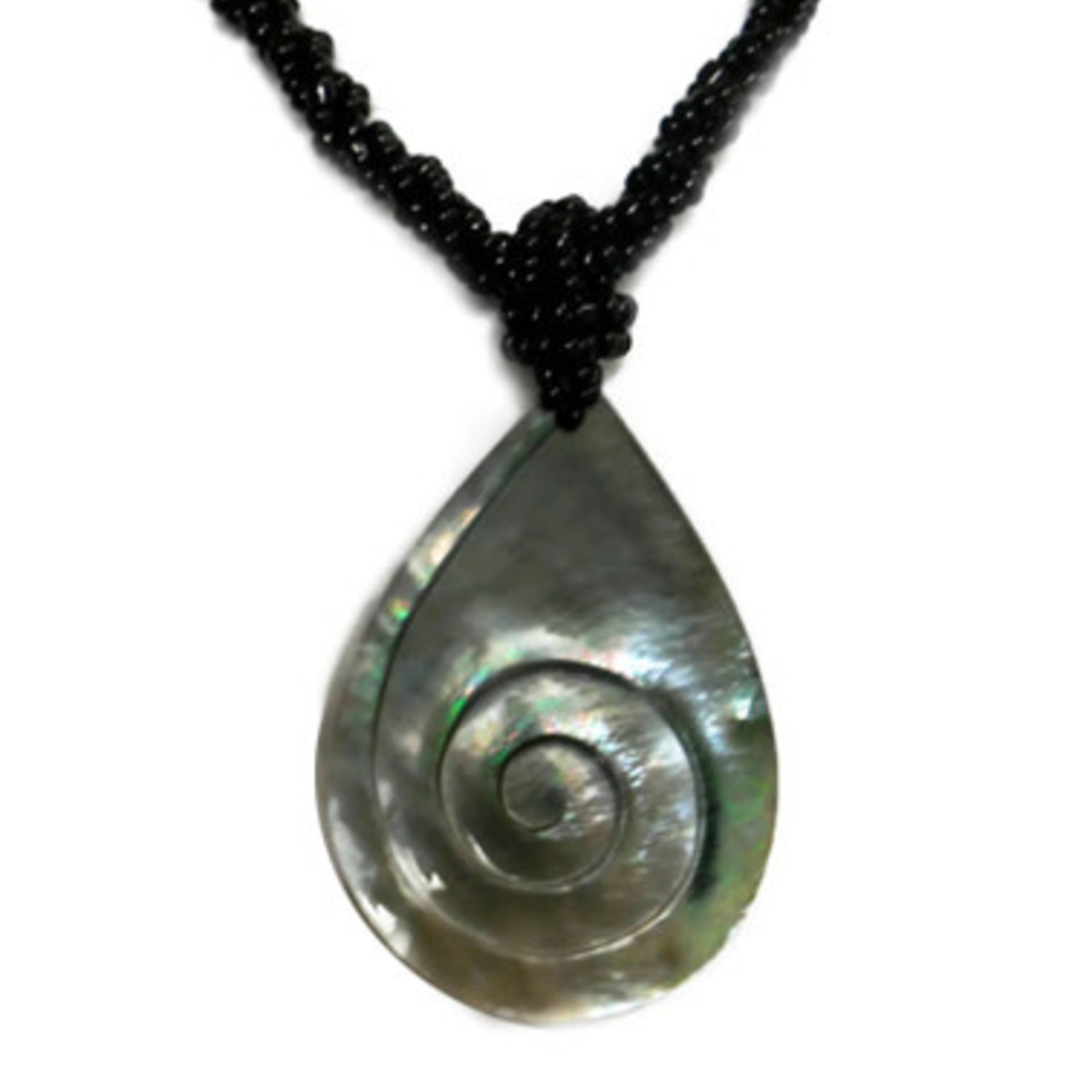 Shell Necklace Carved Teardrop Swirl Design with Black Beads - NB2