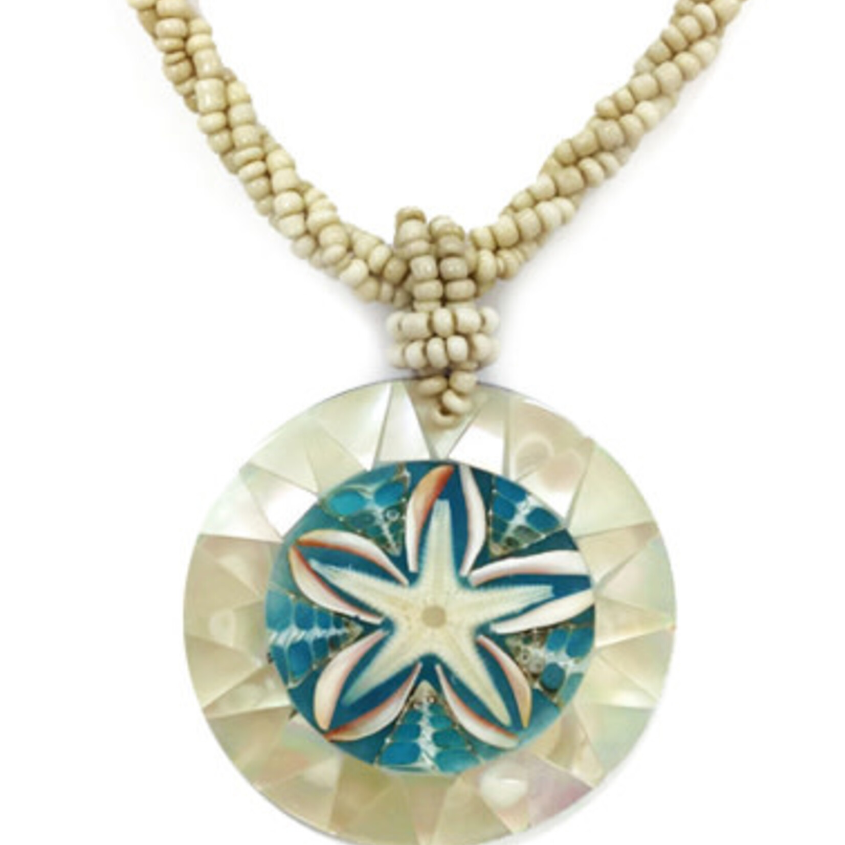 N159 Island Shell Necklace Starfish Blue Resin Starfish with Mother of Pearl Rim