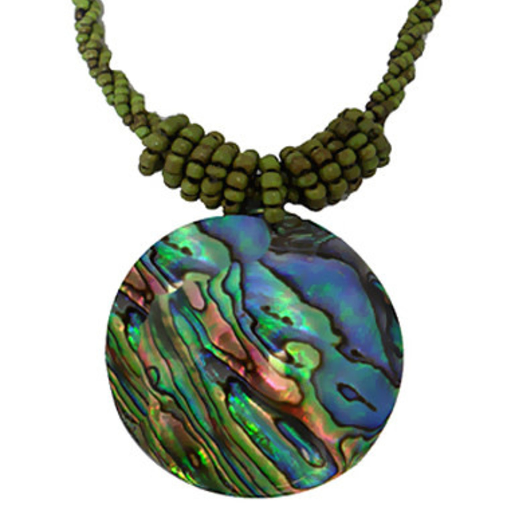 N3 GREEN Island Shell Necklace Paua Disc with Green Beads