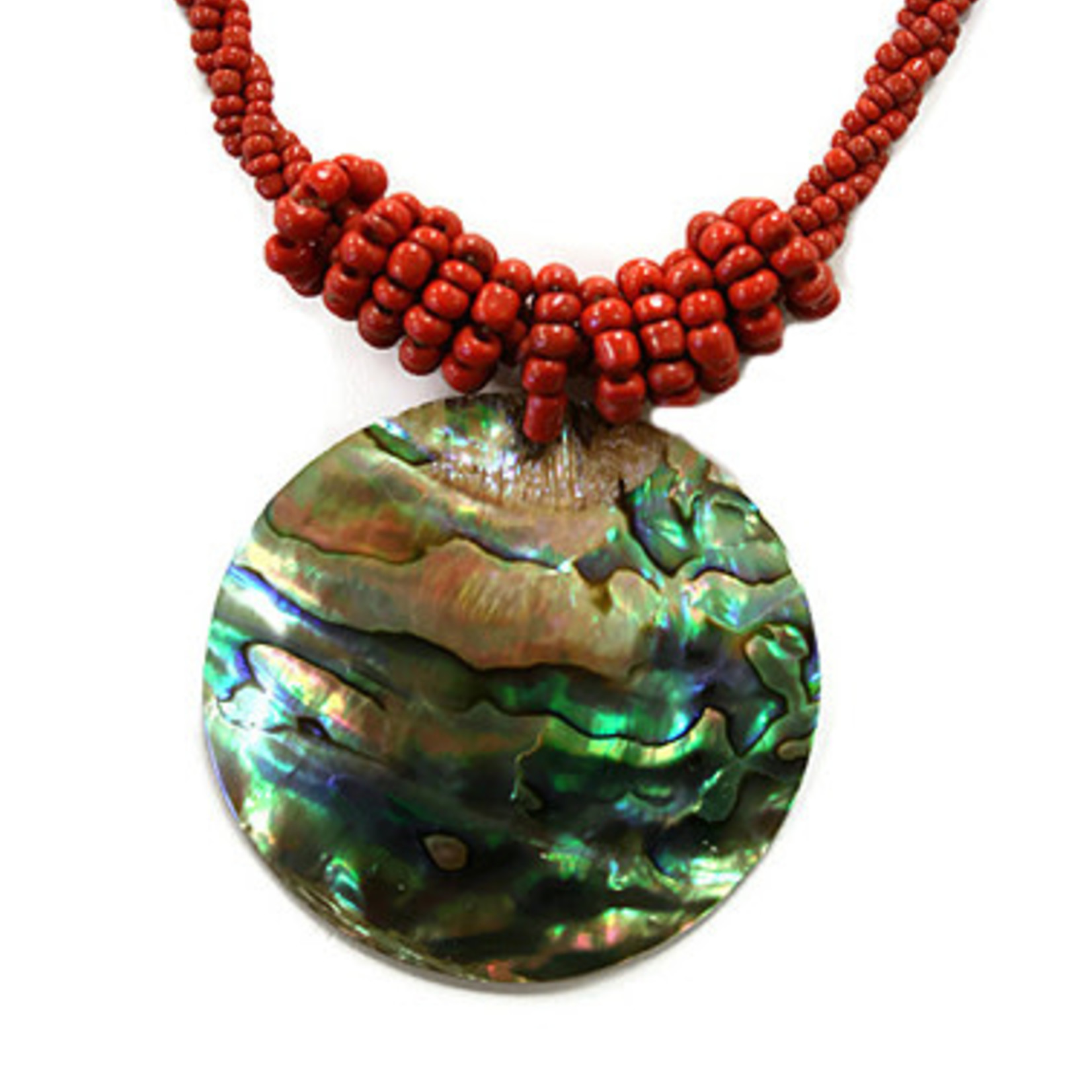 Shell Necklace Paua Disc with Red Beads - N3 RED