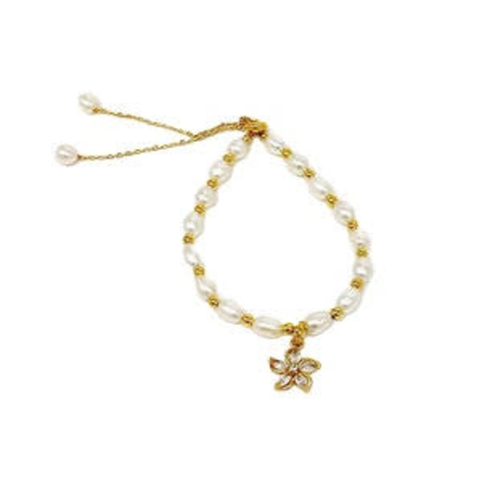 Copper & Freshwater Pearl Adj Bracelet Gold Flower w/ White Pearl