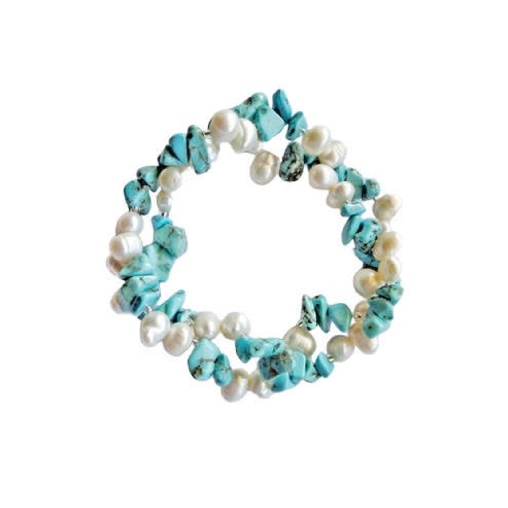 Pearl and Gemstone Chip Stretch Bracelet Turquoise/White Pearl