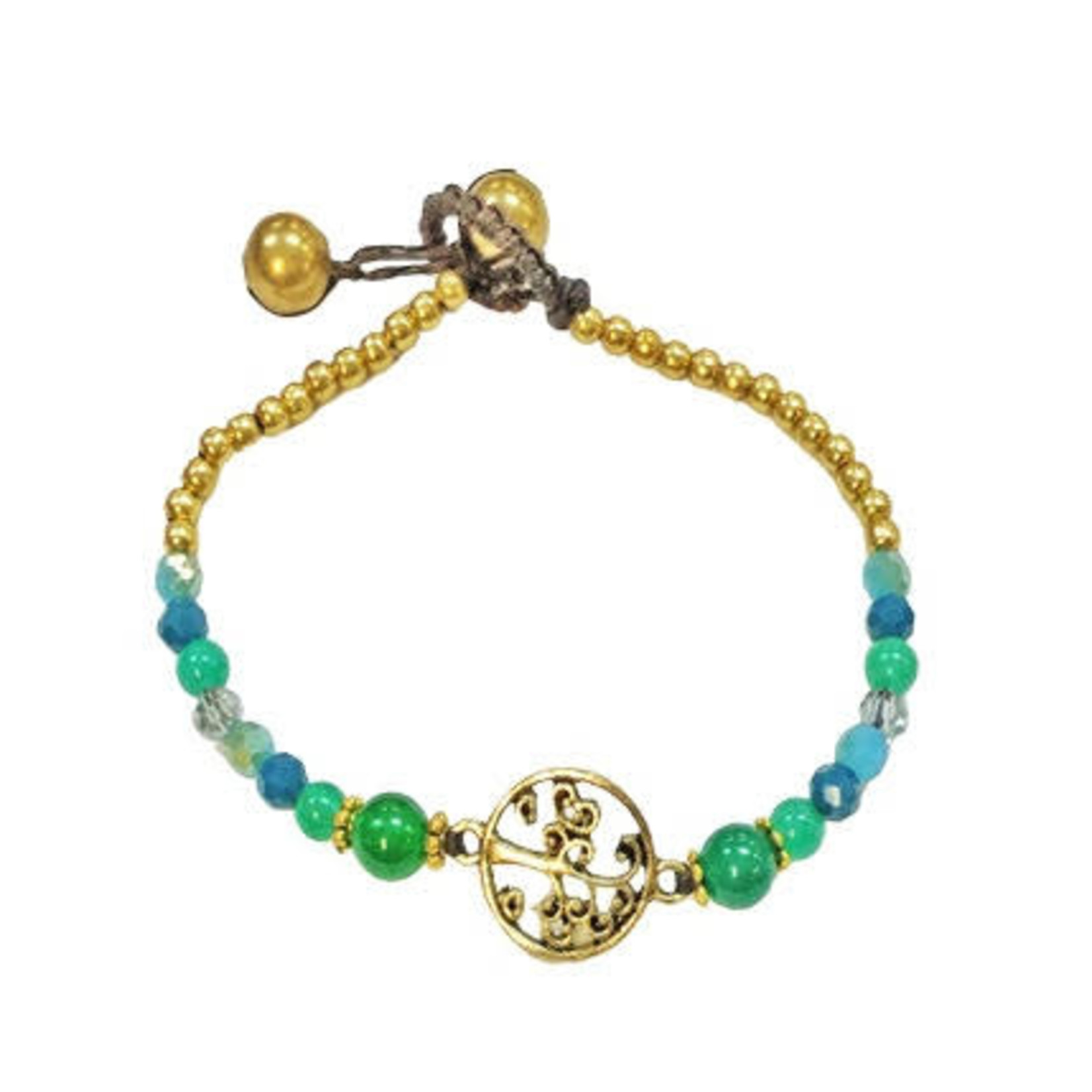 Tree of Life Brass and Glass Bead Bracelet TOL5 Blue/Green/Clear