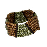 Beaded Stretch Bracelet with Wood Accents Gold and Green