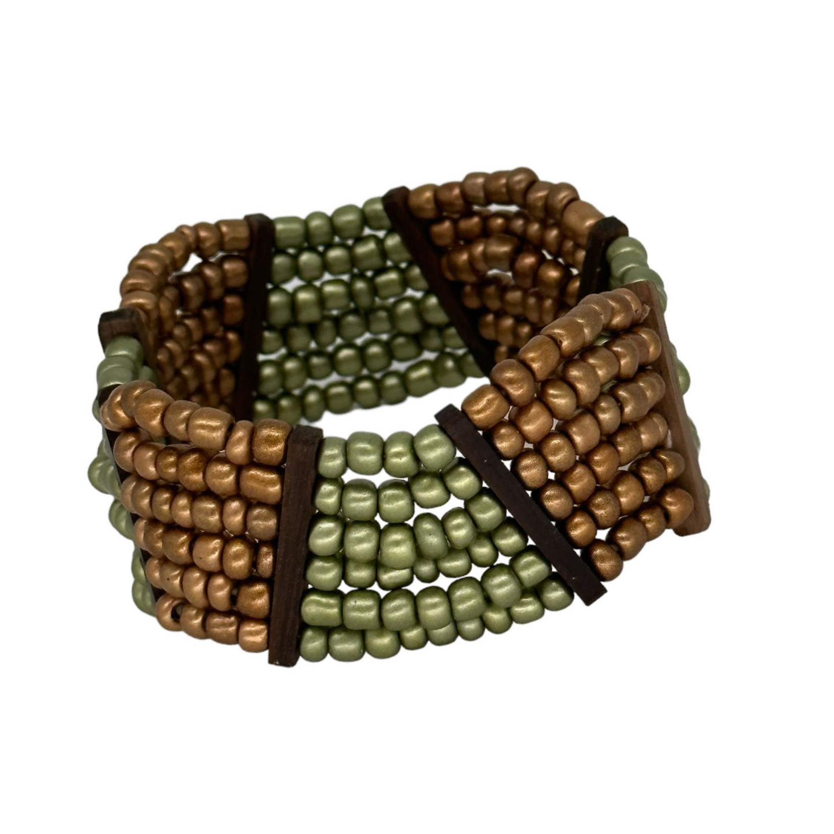 Beaded Stretch Bracelet with Wood Accents Gold and Green