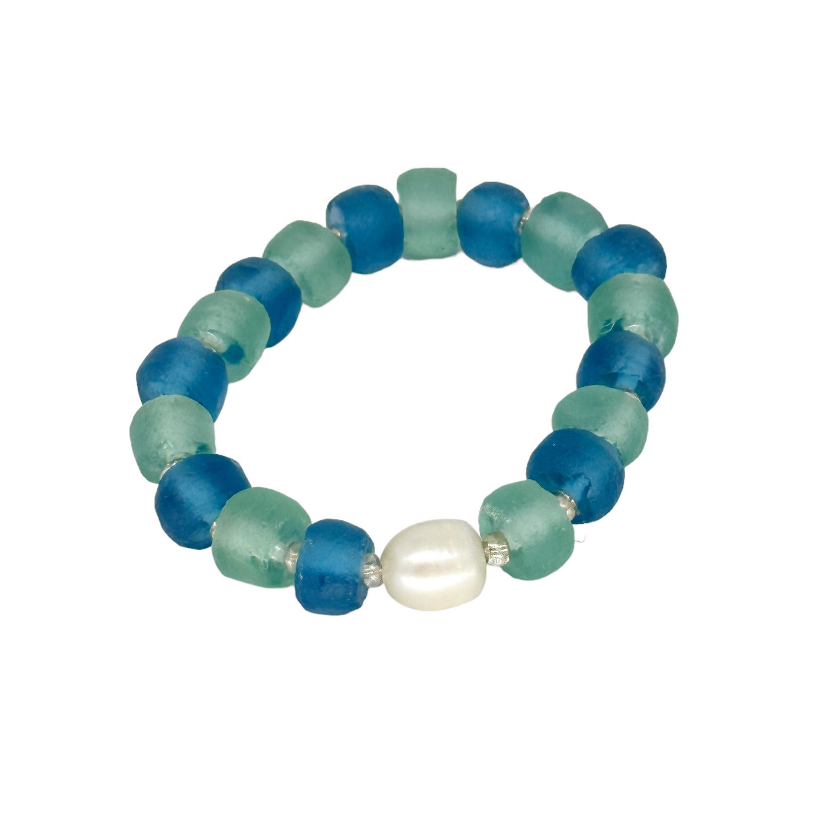 BGL9 Beach Glass Bracelet with Single Pearl Light Blue & Green