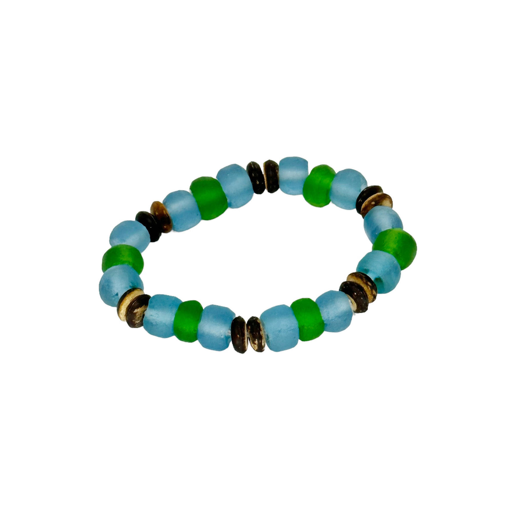 BGL13 Beach Glass & Wood Bracelet Blue, Green & Seafoam