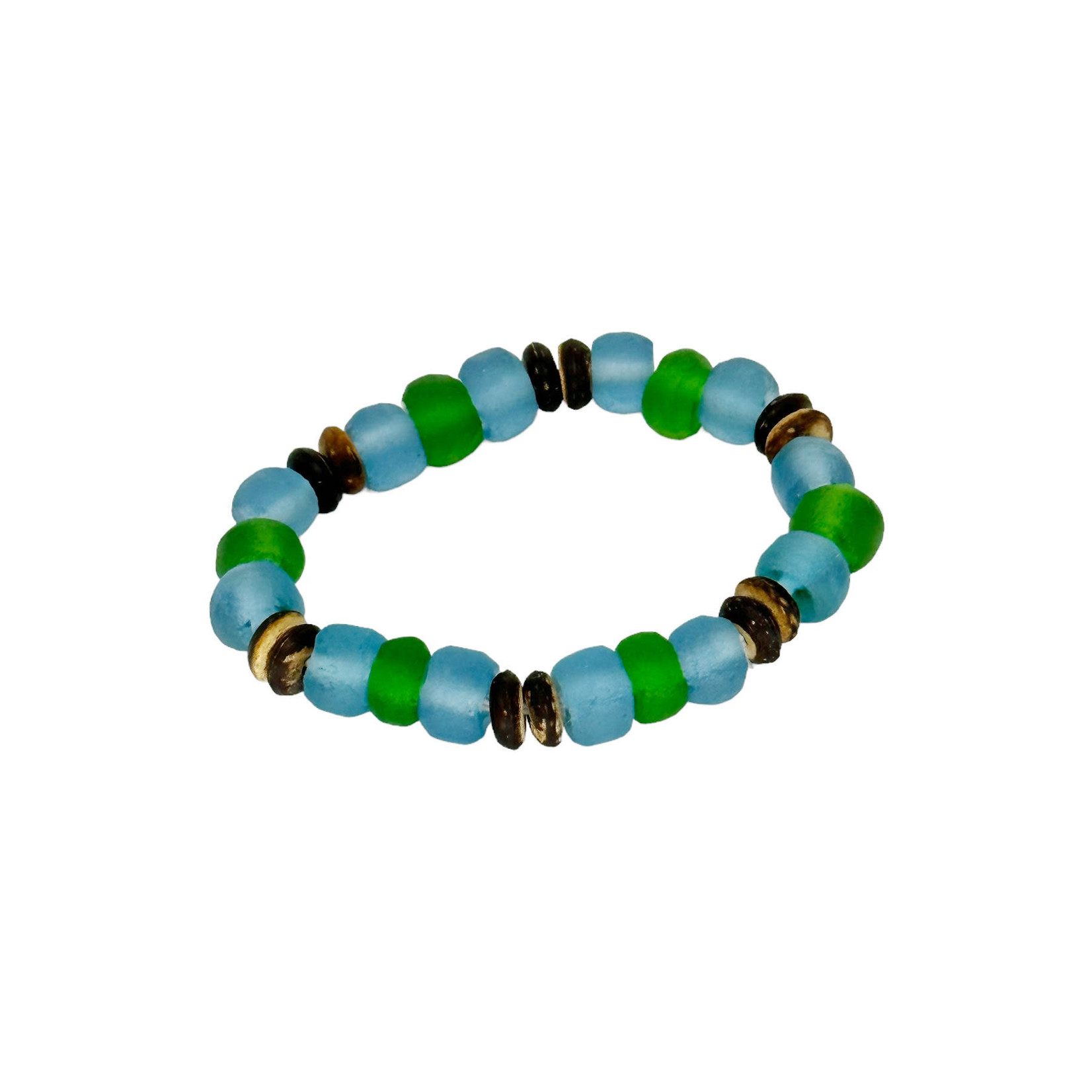 BGL13 Beach Glass & Wood Bracelet Turquoise & Green
