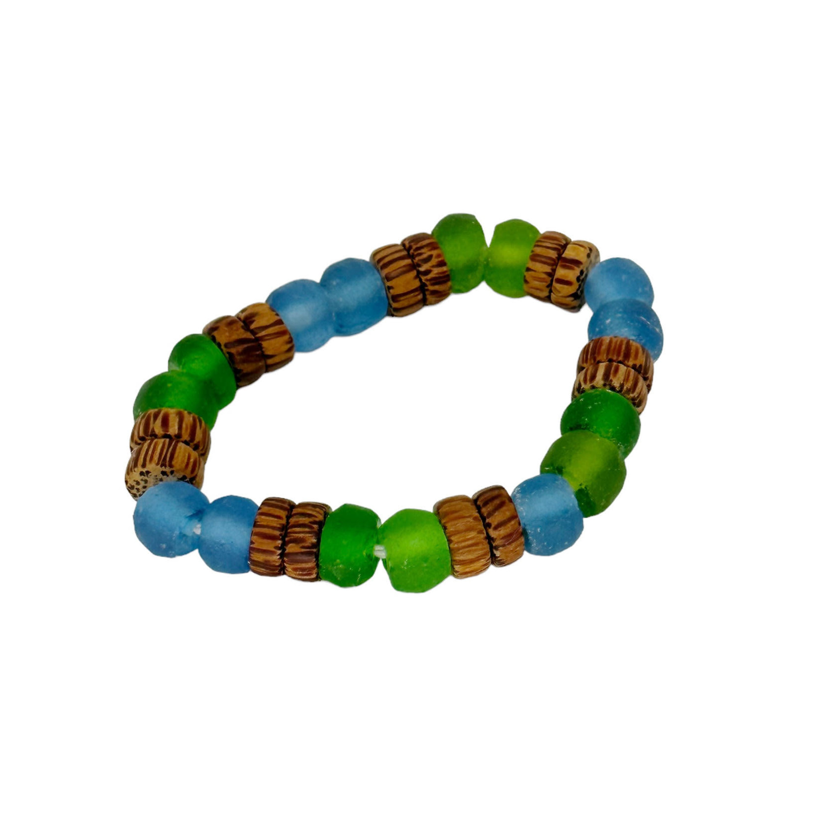 BGL36 Beach Glass & Wood Bracelet 2 Blue 2 Green