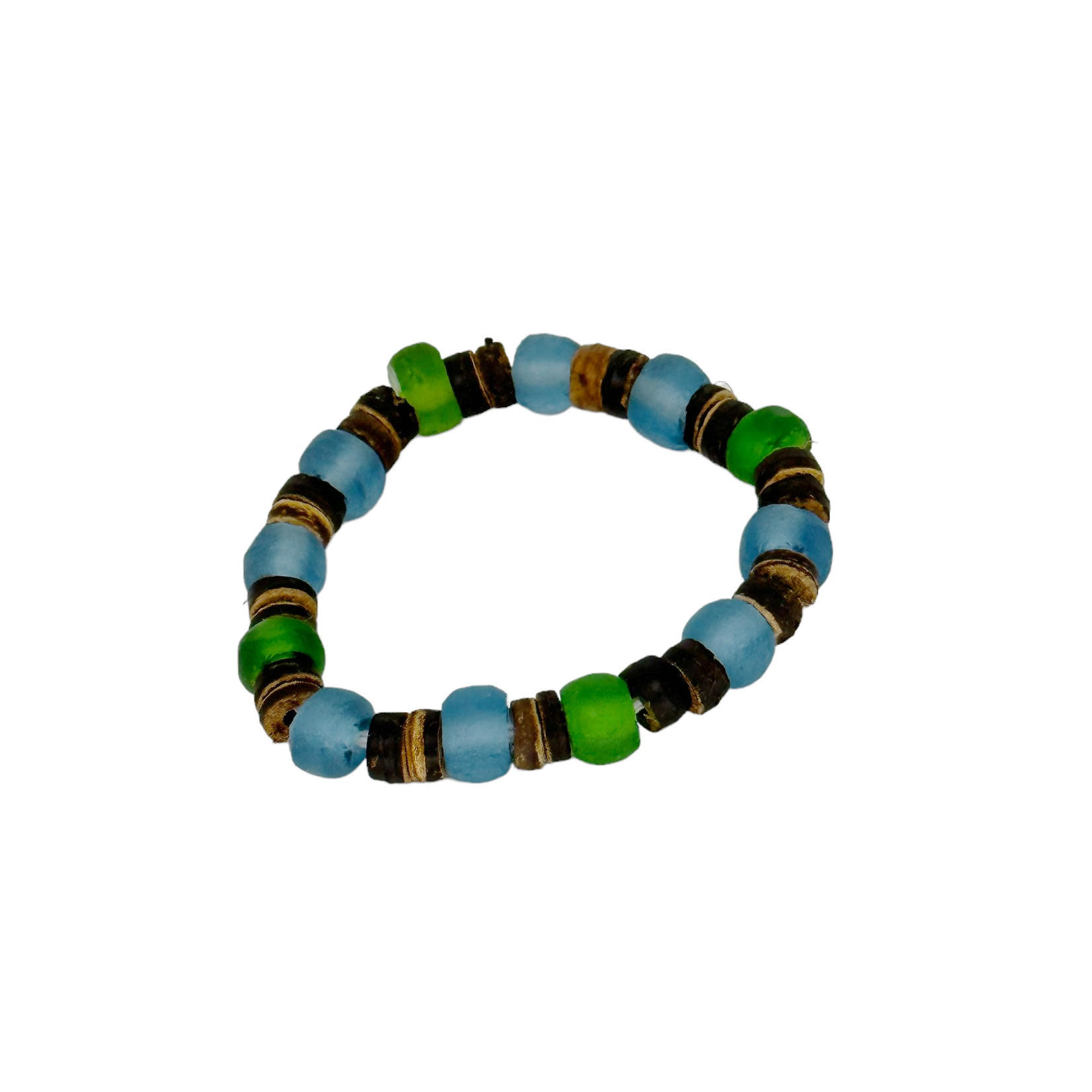 BGL12 Beach Glass & Wood Bracelet Blue & Green