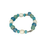 BGL33 Beach Glass 4 Pearl & Silver Bead Bracelet Blue Bead