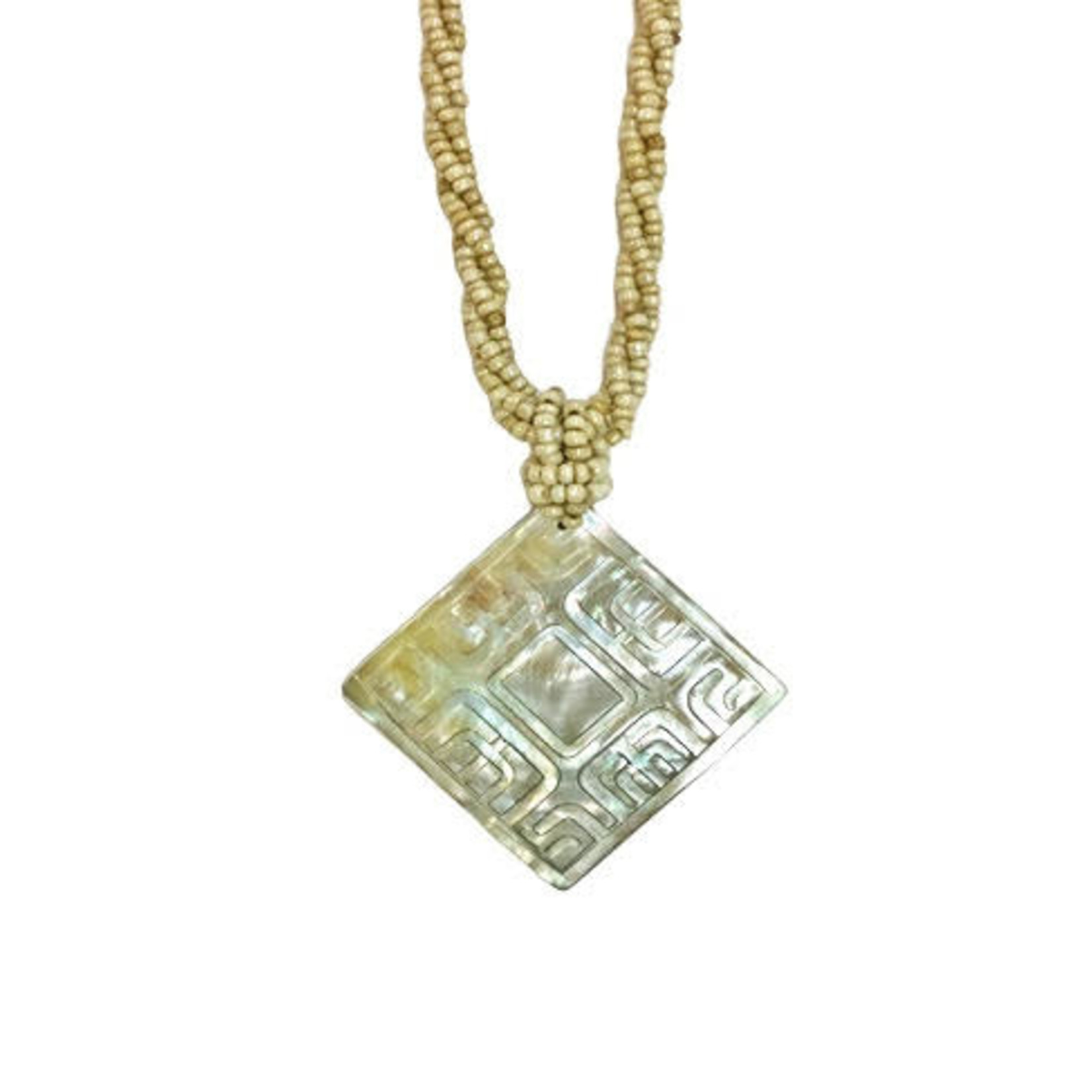 N172 Island Shell Necklace Carved Diamond Shaped Carved Geometric Motif with Tan Beads