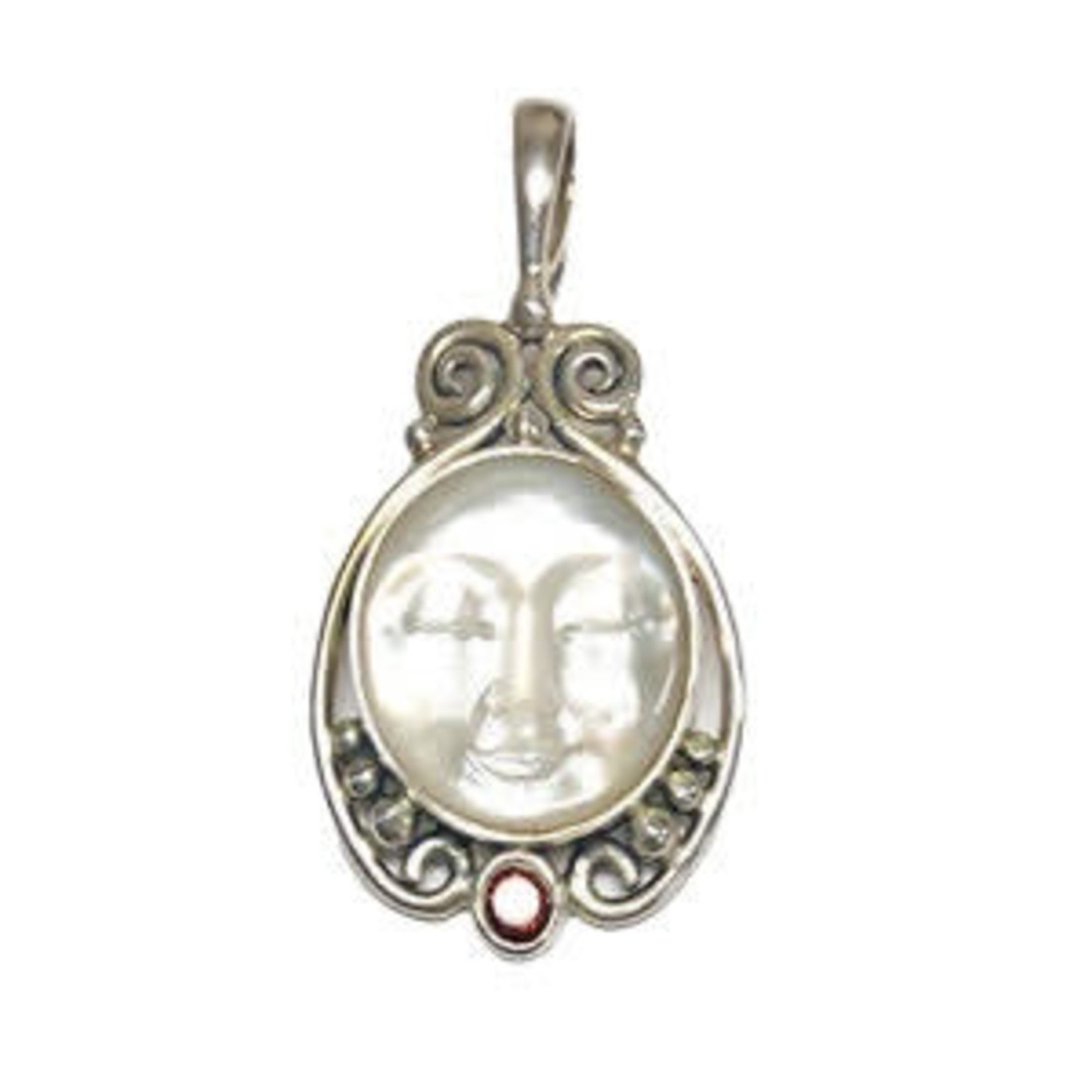 P07 Sterling Silver Carved Moonstone with Garnet Pendant