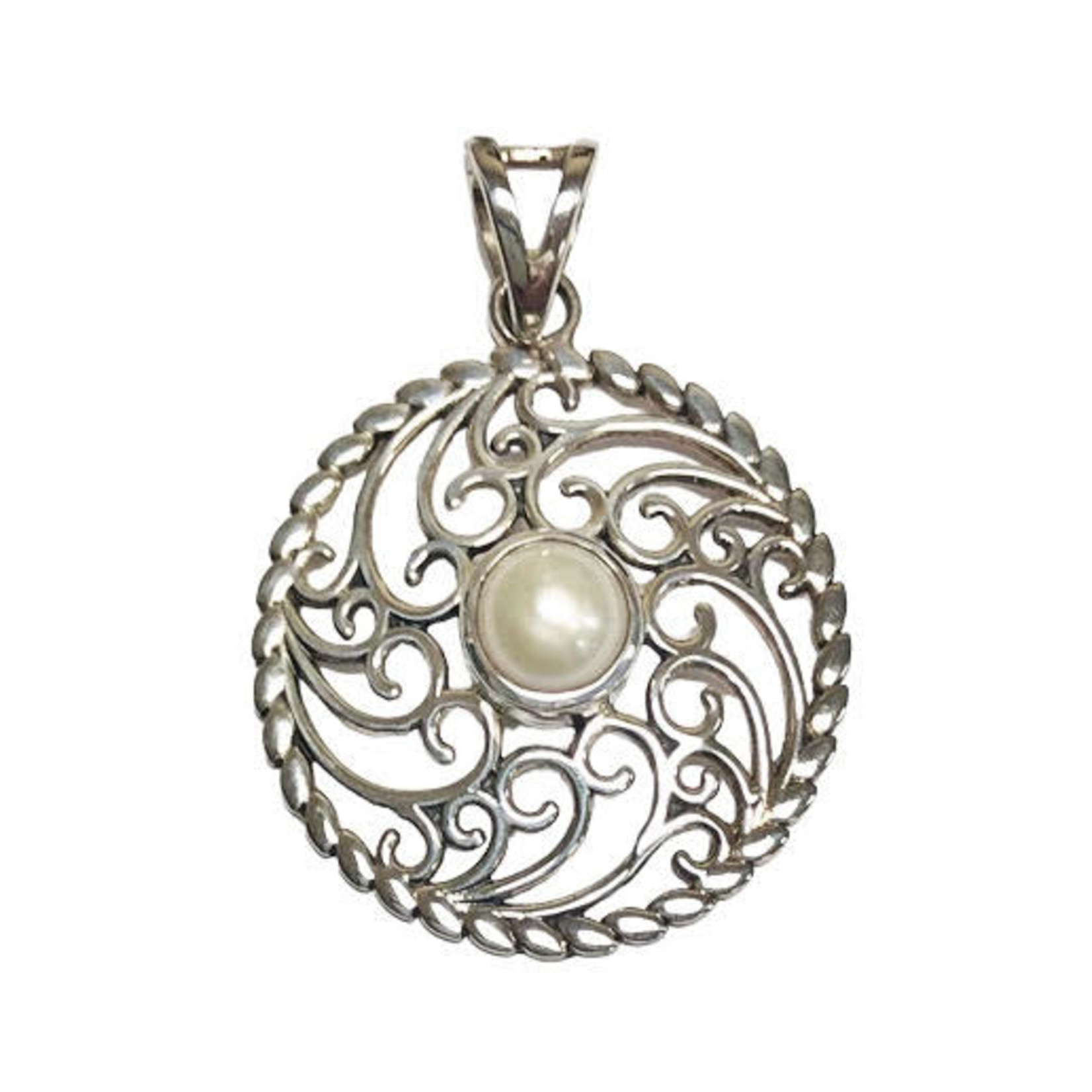 P47 Sterling Silver White Pearl Ornate Pendant