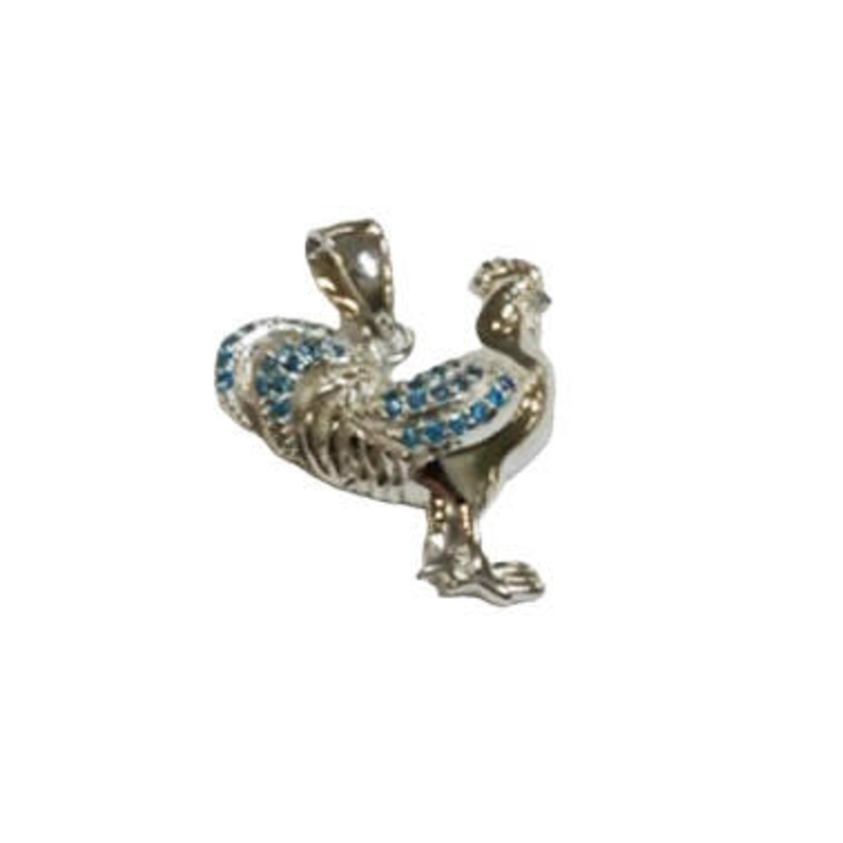 P208 Sterling Silver Blue Topaz Pave Rooster Pendant