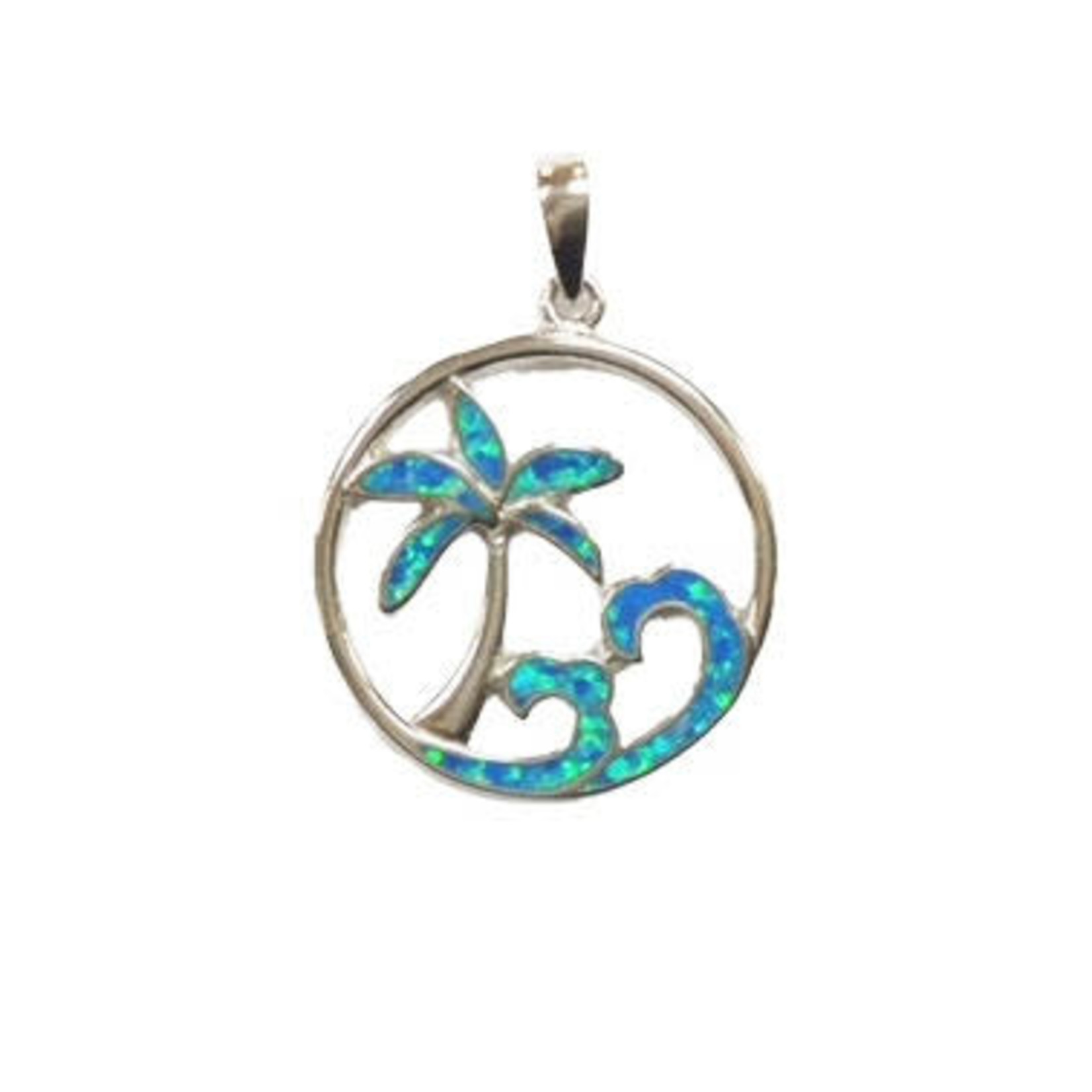 P131 Sterling Silver Synthetic Opal Palm Tree & Waves