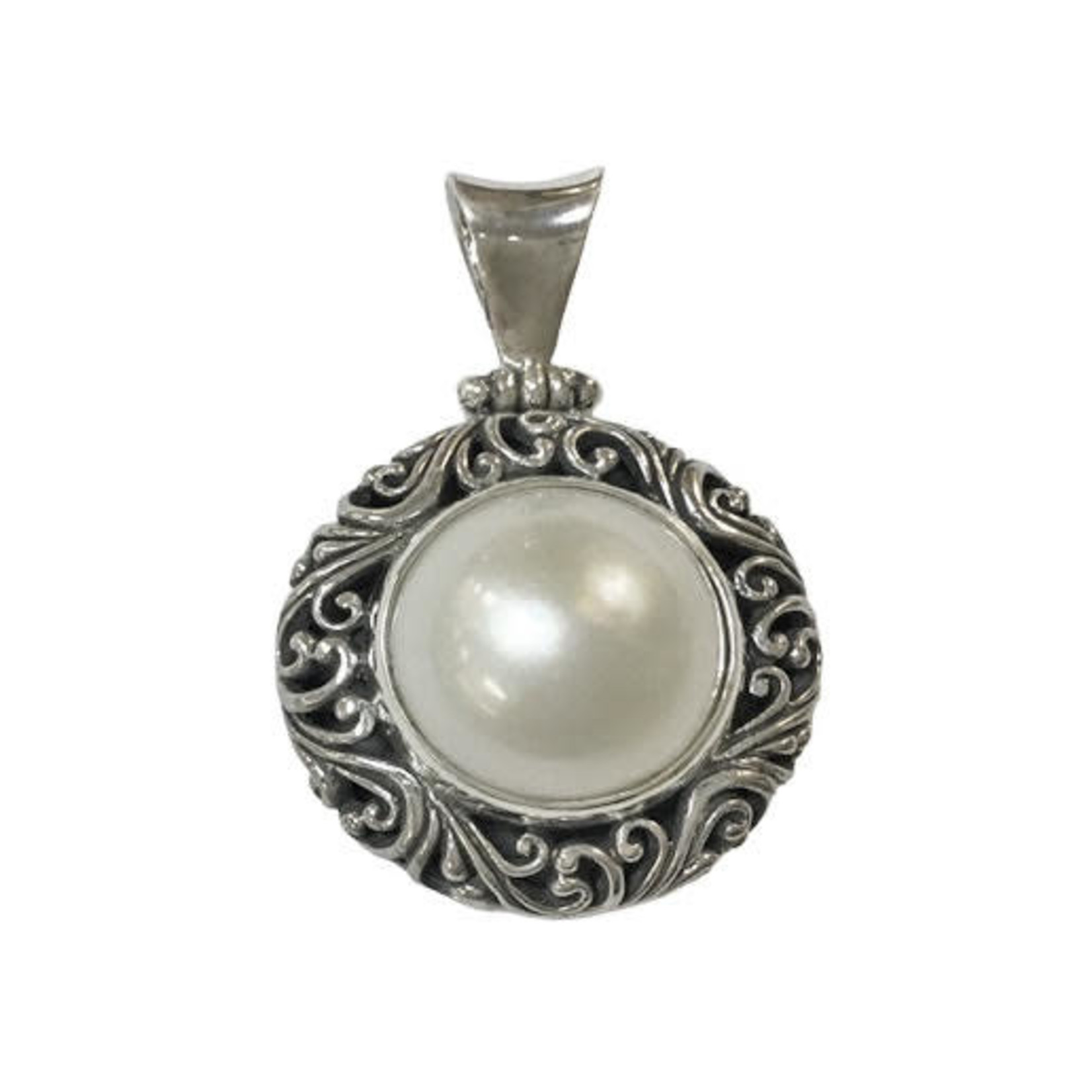 P138 Sterling Silver Large Silver Scroll Mabe Pearl Pendant