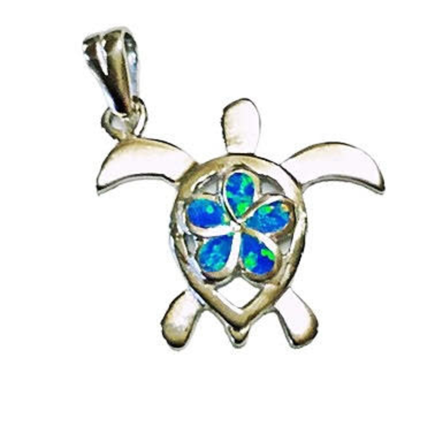 P101 Sterling Silver Synthetic Opal Turtle with Plumeria Back Pendant