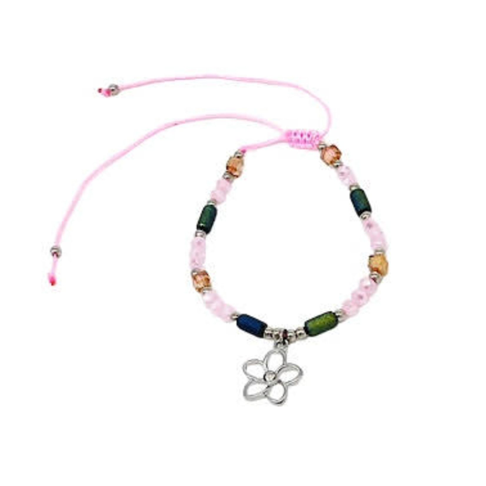 Adjustable Beaded Anklet with Charm Pink Flower