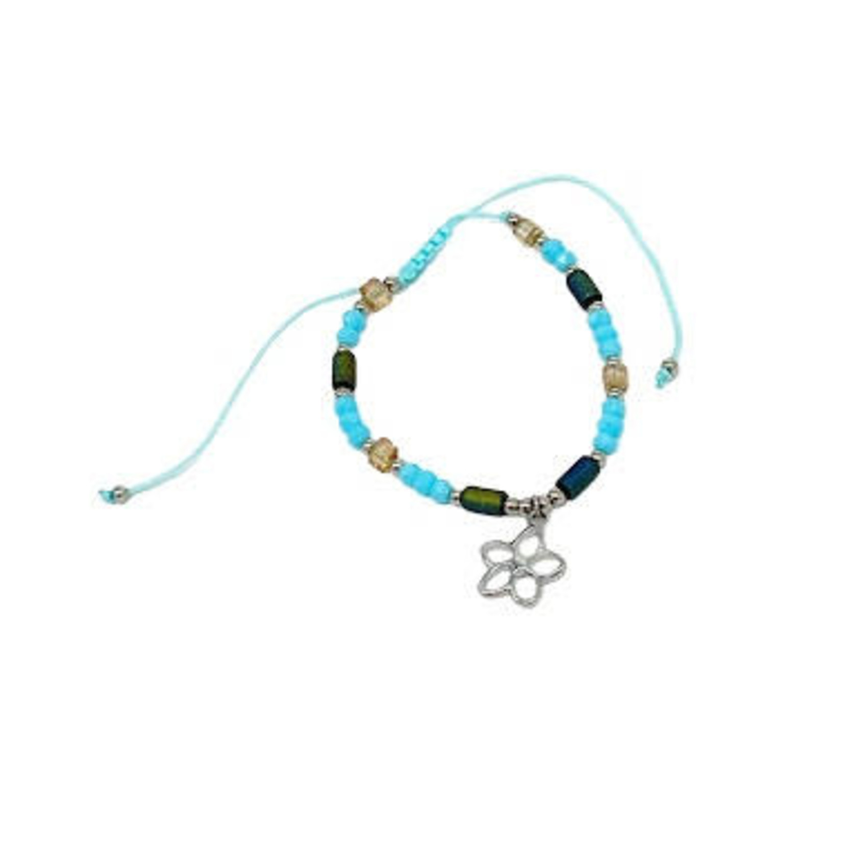 Adjustable Beaded Anklet with Charm Blue Flower