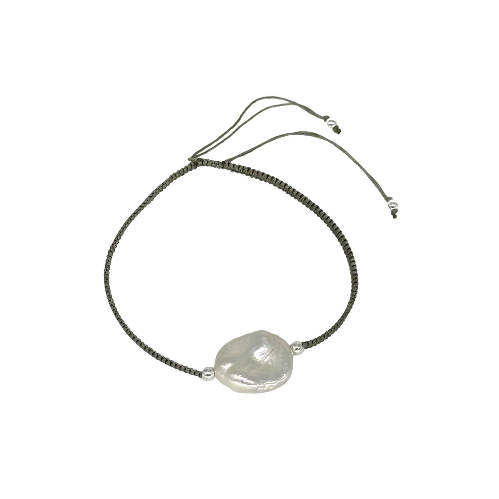 Adjustable String Bracelet with White Coin Pearl Grey