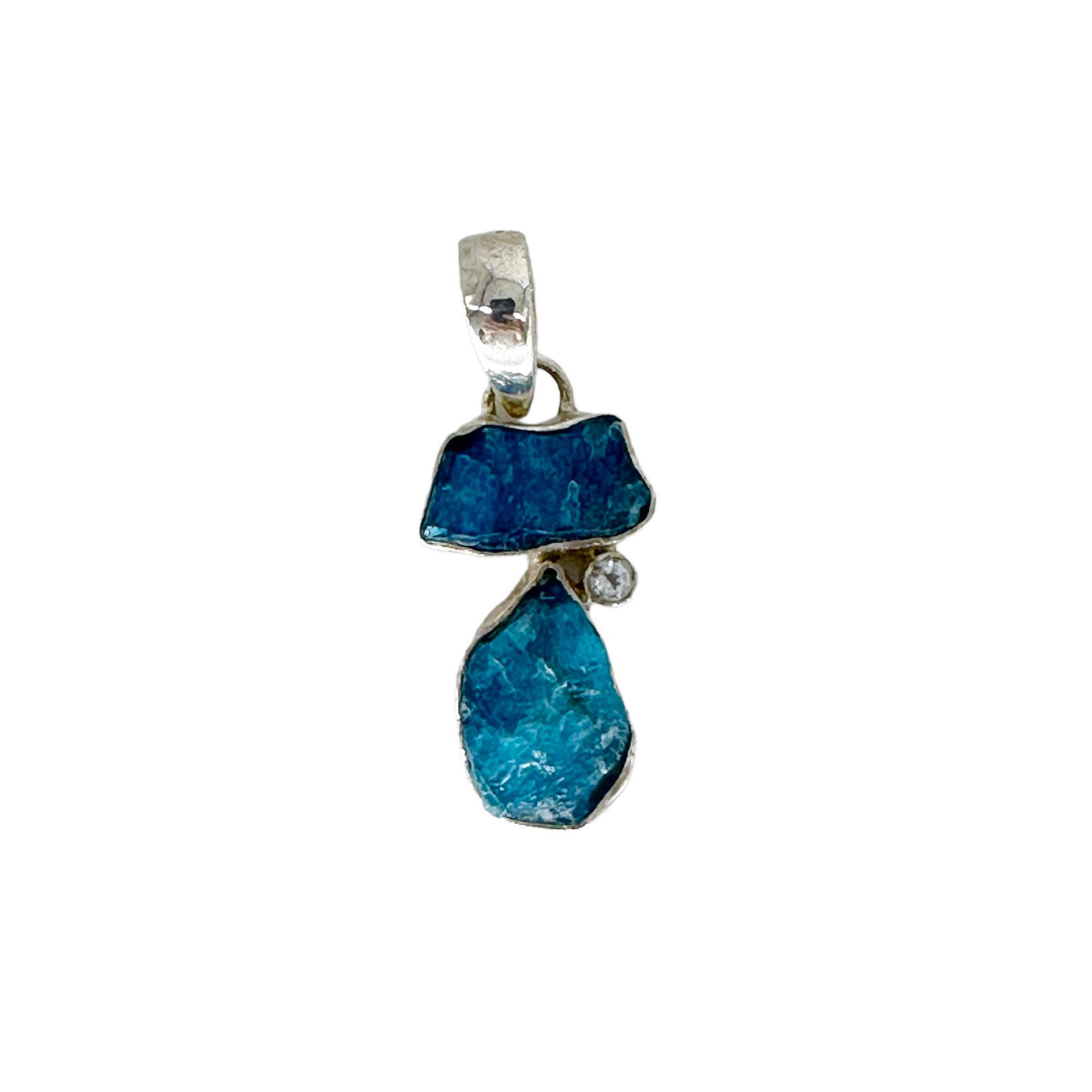 Sterling Silver Wrapped  Double Rough Neon Apatite Pendant with Blue Topaz