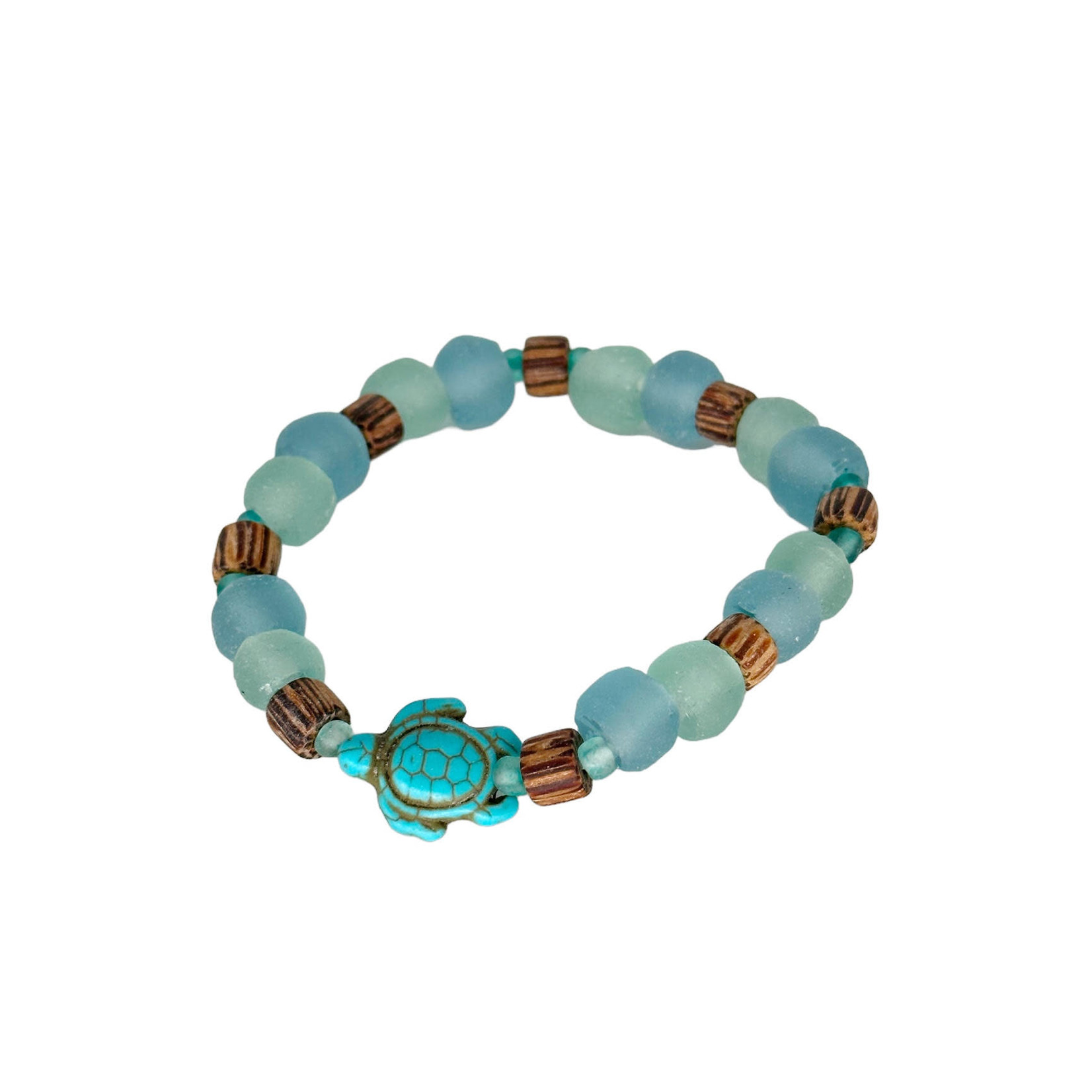 BGL 26 Beach Glass & Wood Bracelet Turtle Bead