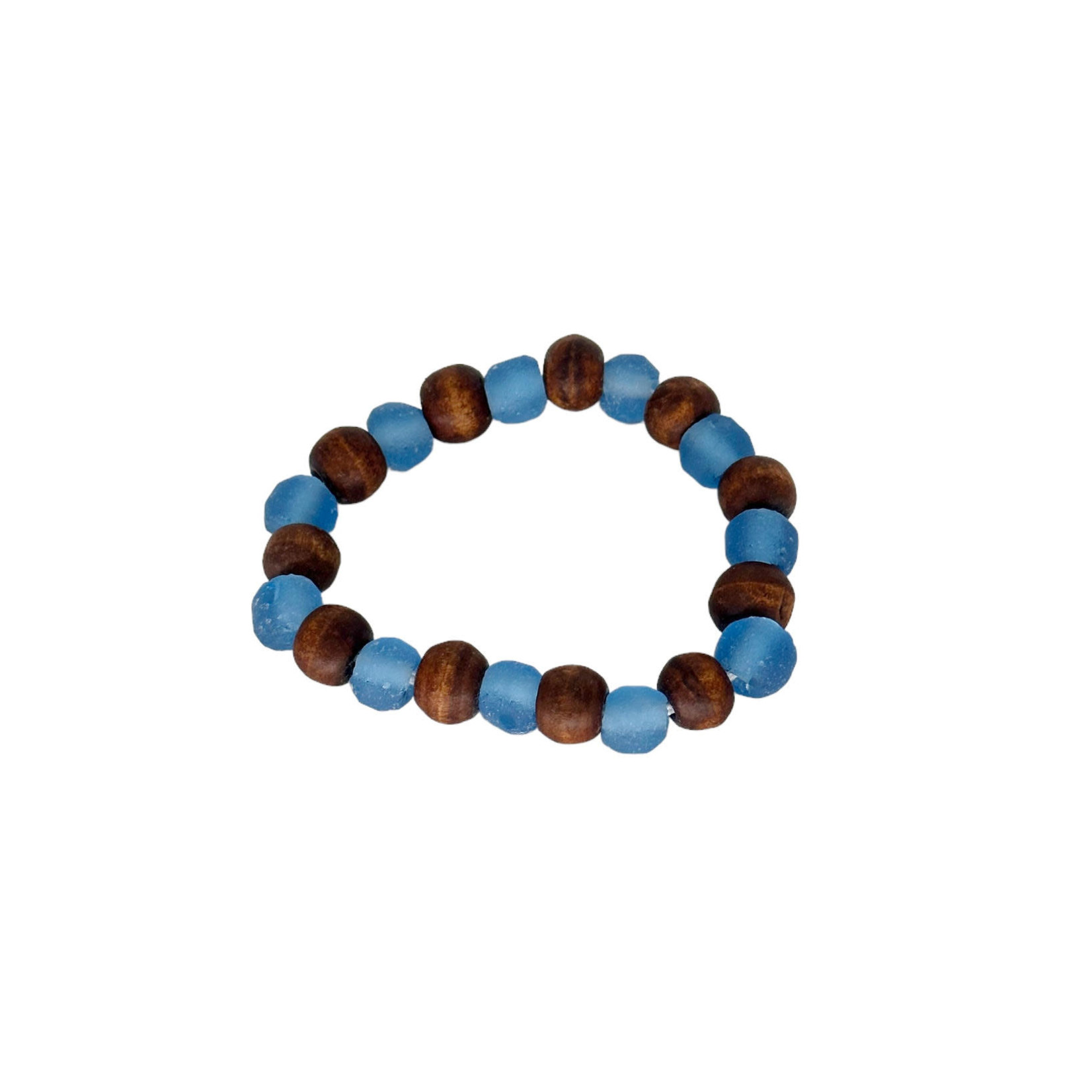 BGL39 Beach Glass & Wood Bracelet Blue