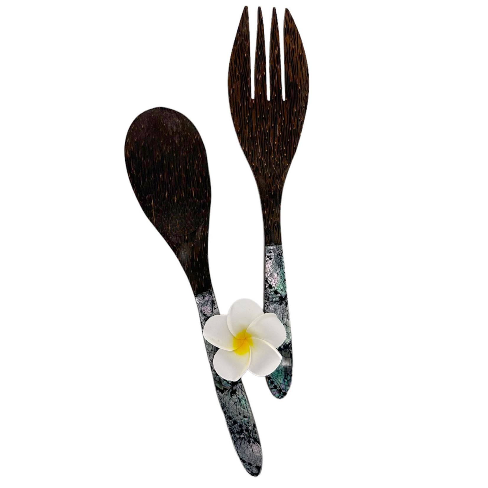 Hand Made Salad Set Palm Wood with 7 Eye Shell Handles of Pearl 30cm