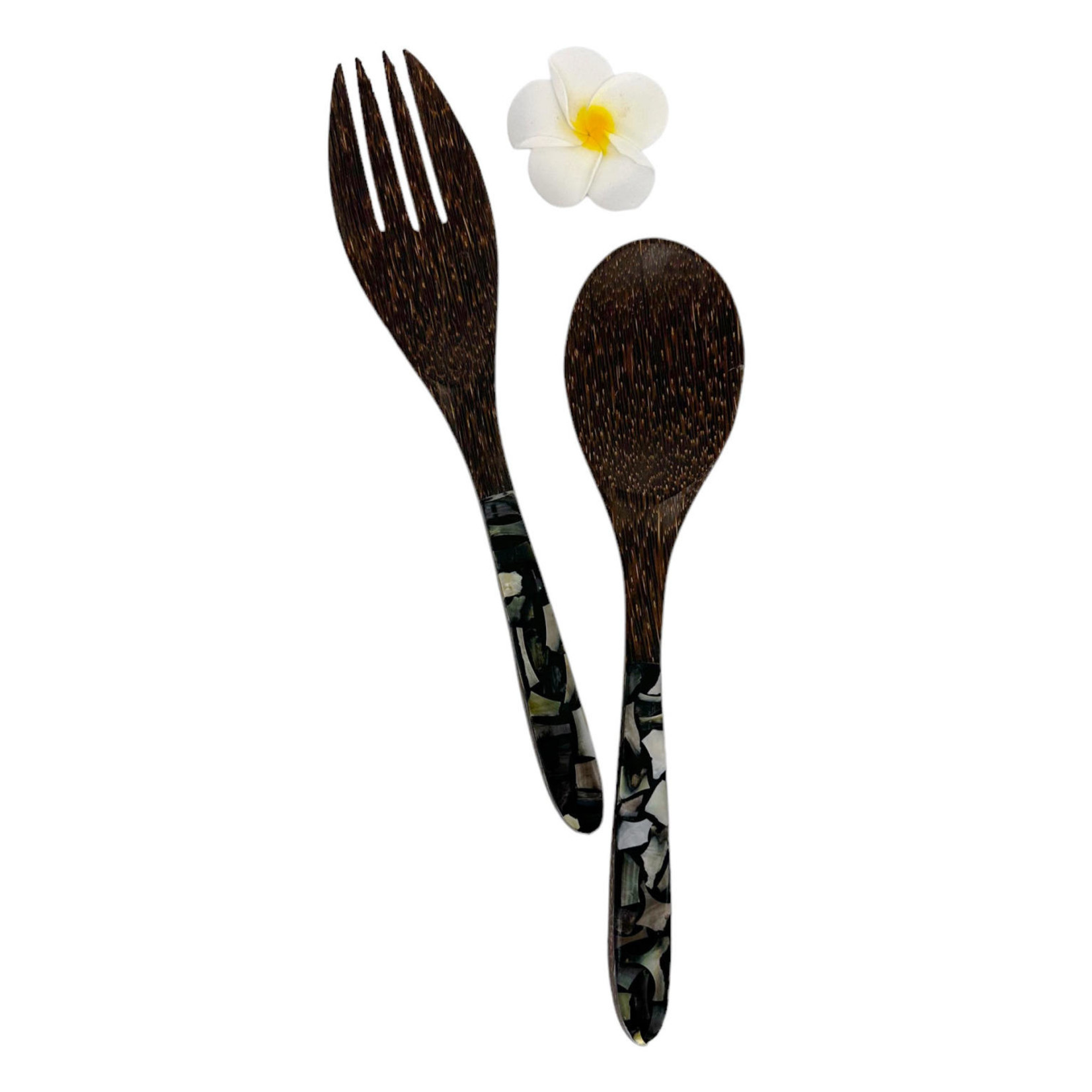 Hand Made Salad Set Palm Wood with Caping Shell Handles 30cm