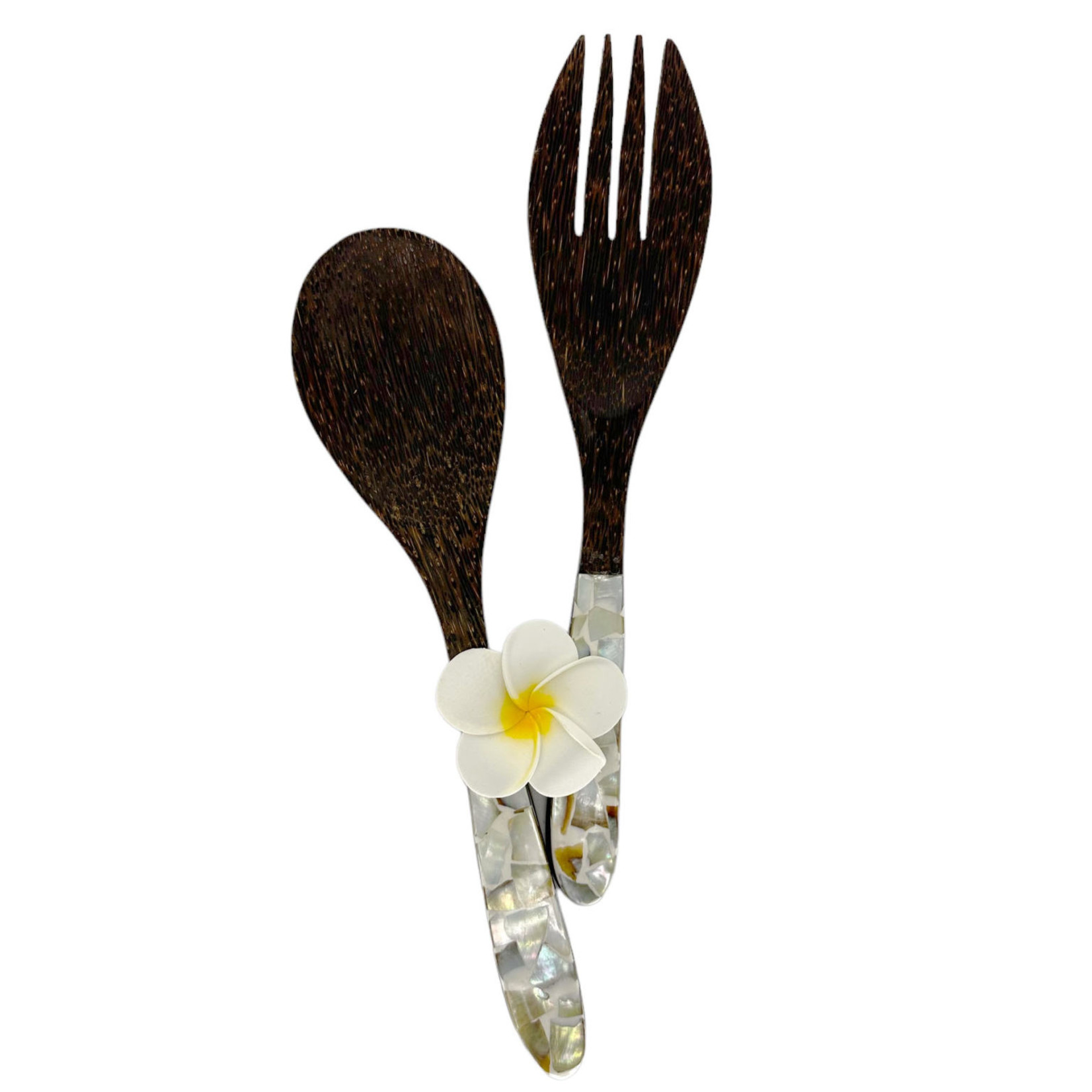 Hand Made Salad Set Palm Wood with Mother of Pearl Handles 30cm