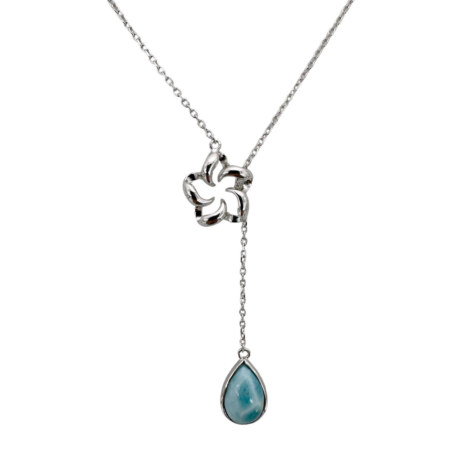 18" Sterling Silver Flower Necklace with Larimar Drop