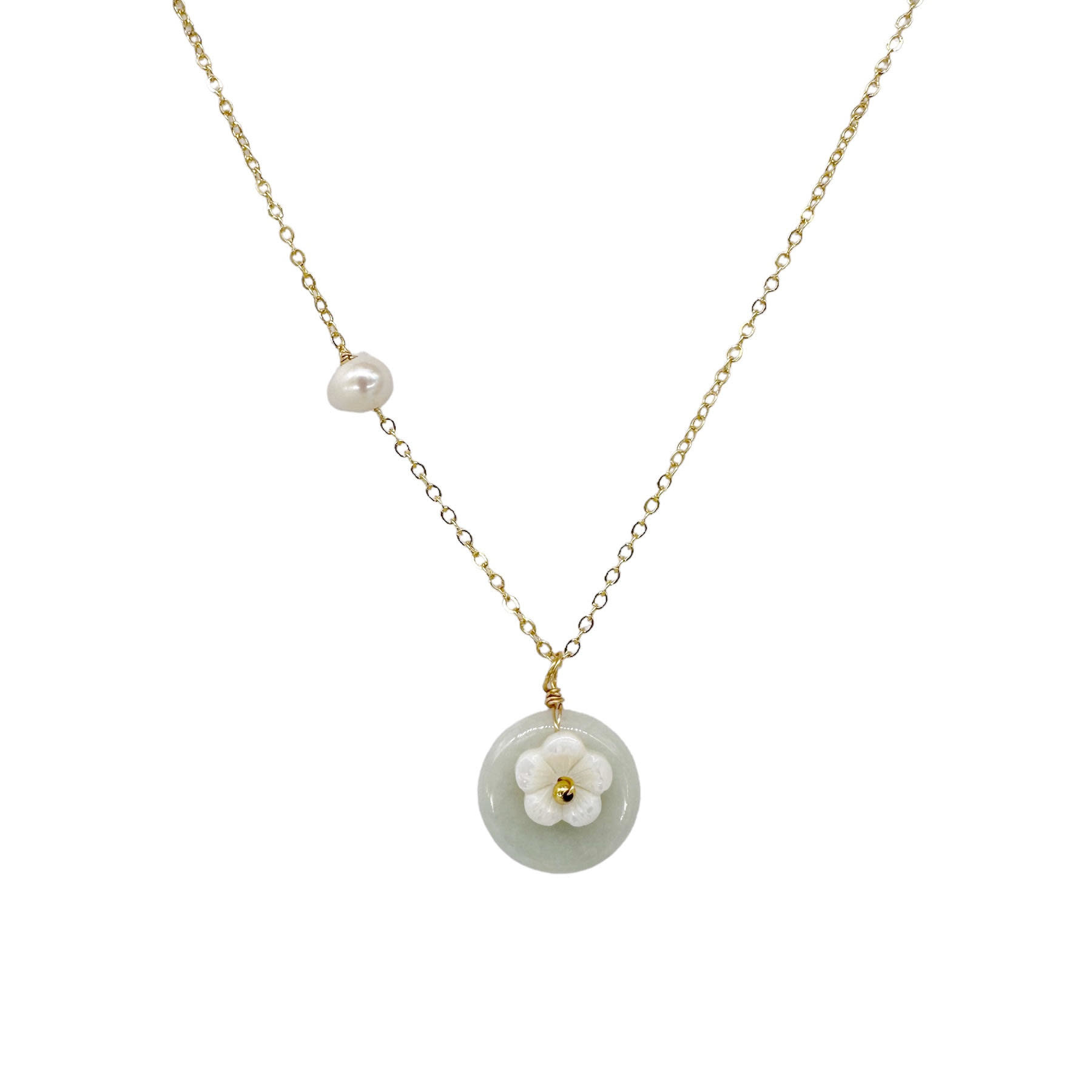 Copper, Jade & Pearl Mother of Pearl Flower Adjustable 1618" Necklace