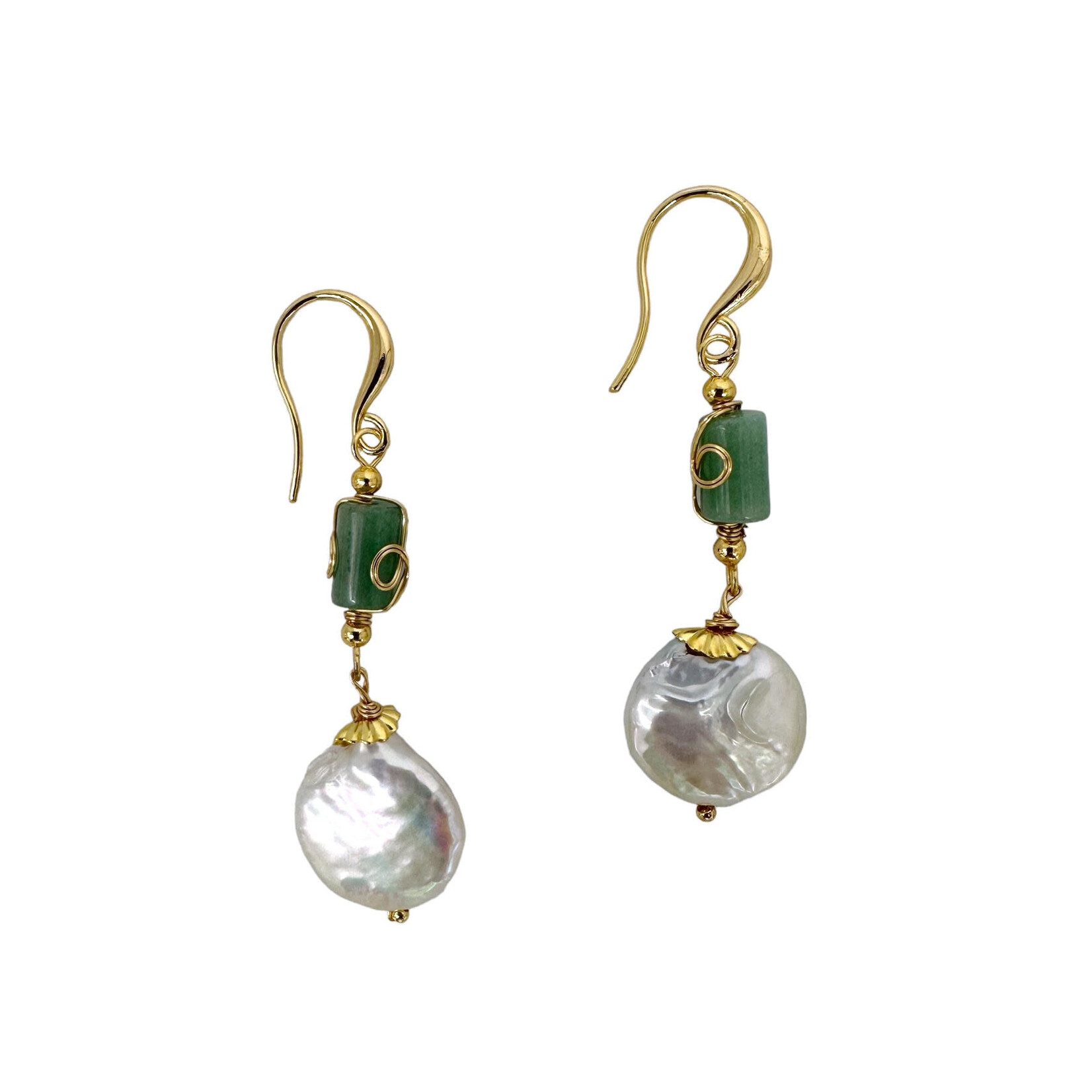 Copper, Jade & Pearl Bamboo Coin Pearl Dangle Earrings
