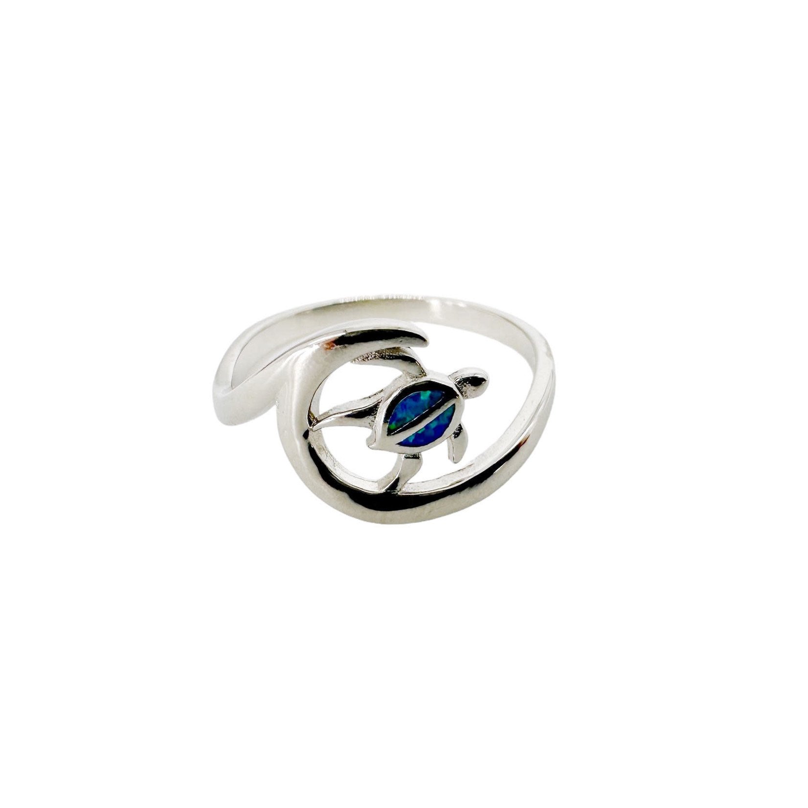 Sterling Silver Synthetic Opal Wave with Turtle Ring