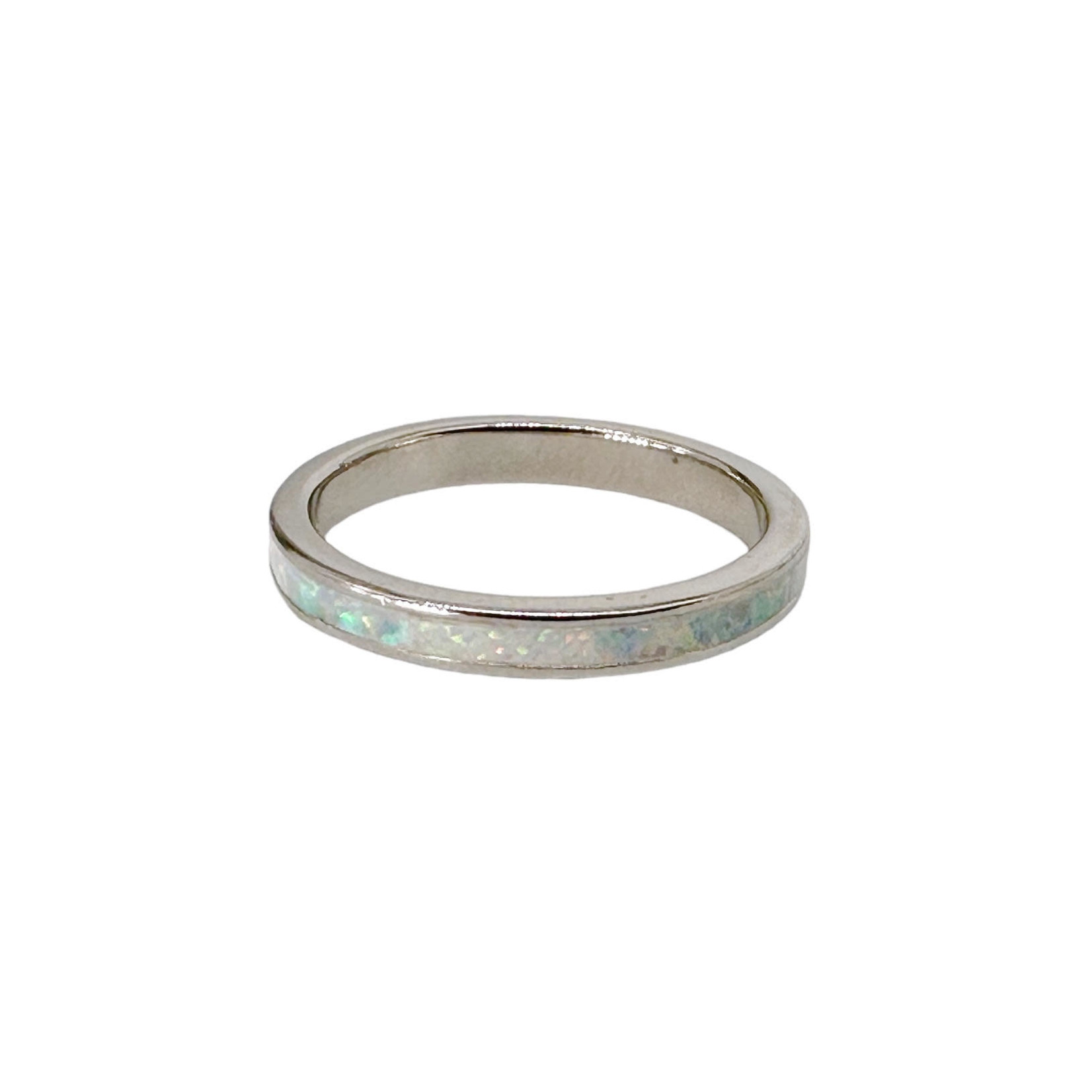 Sterling Silver 3mm Synthetic Opal Band Ring White