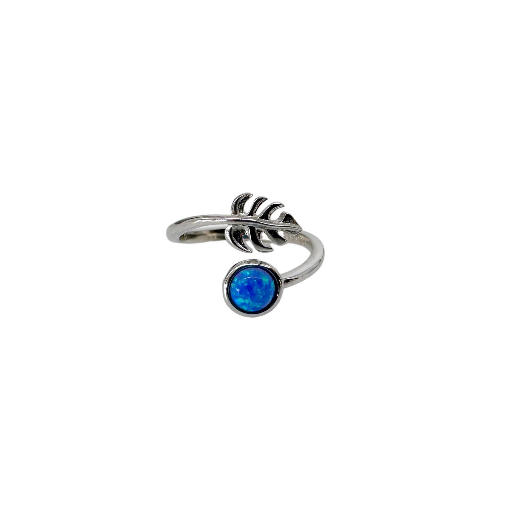 Sterling Silver Adjustable Monstera and Synthetic Opal Ring Blue