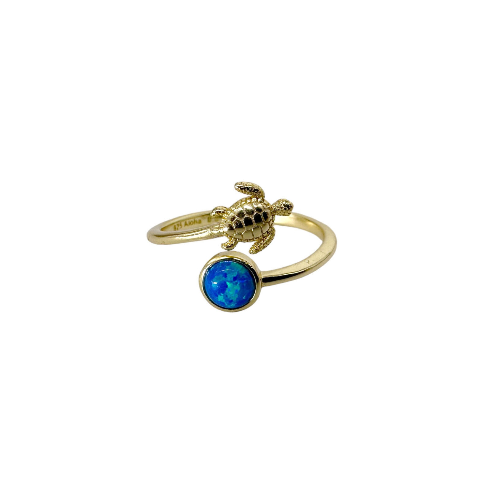 Sterling Silver Gold Plated Adjustable Ring Turtle and Synthetic Opal Blue
