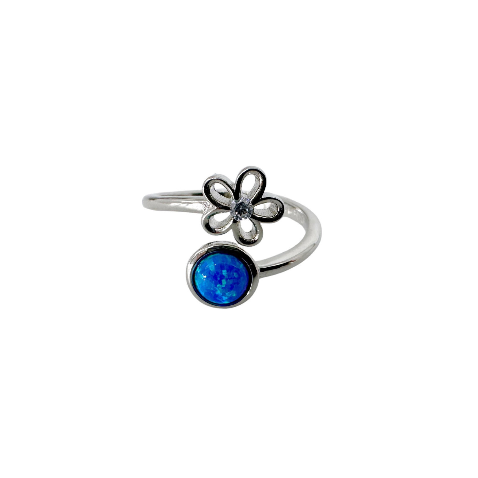 Sterling Silver Adjustable Ring Flower Synthetic Opal Blue